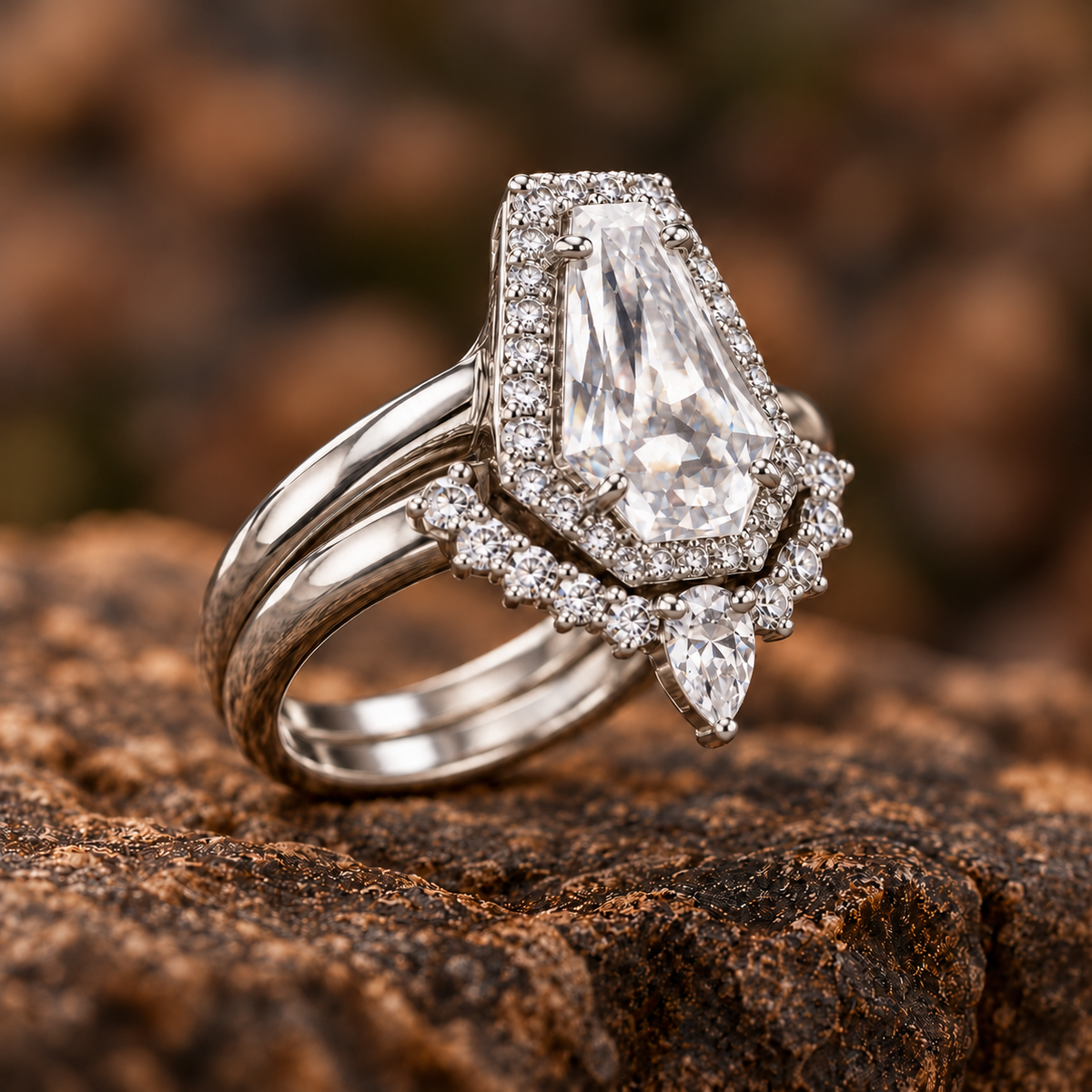 Aurora bridal set, white stone side concept with soft lighting. AI-generated visualization; Custom Order | Market Pending; sourcing and production unconfirmed.