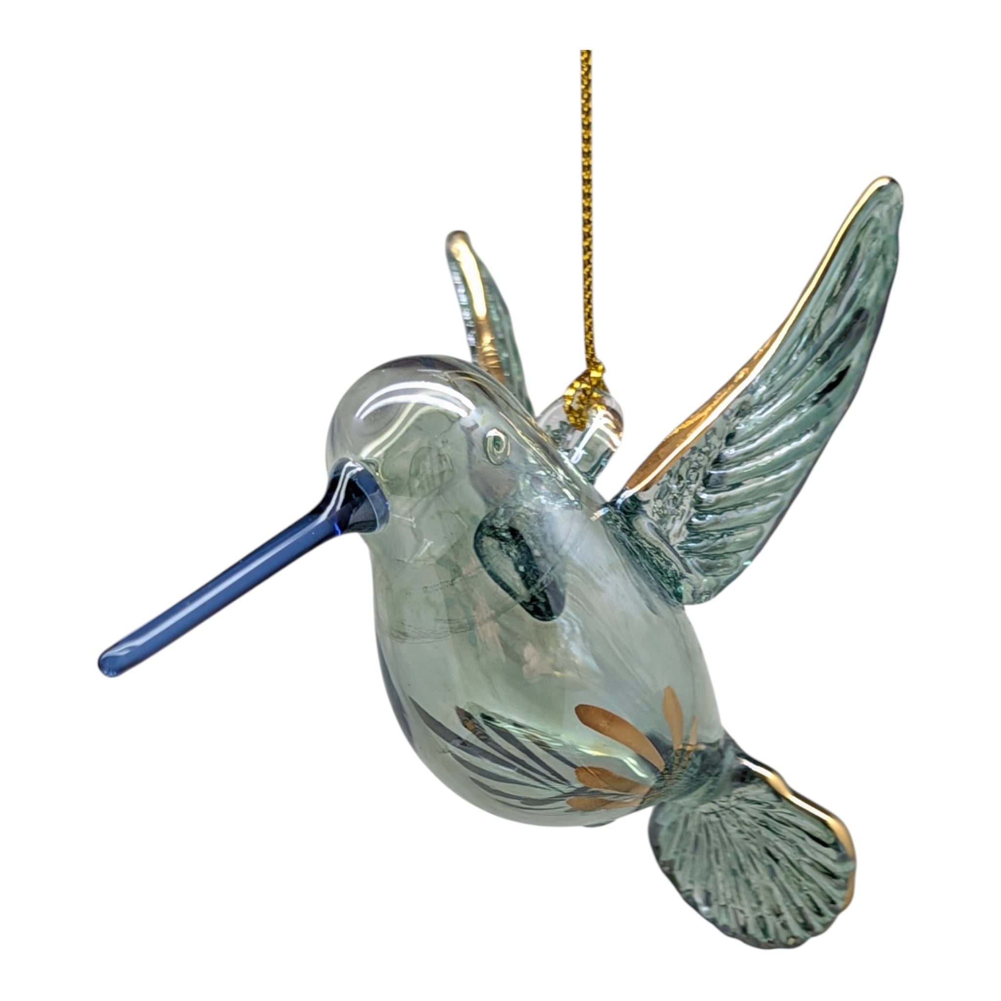 Gold Etched Glass Hummingbird Ornament - Green with Blue Beak