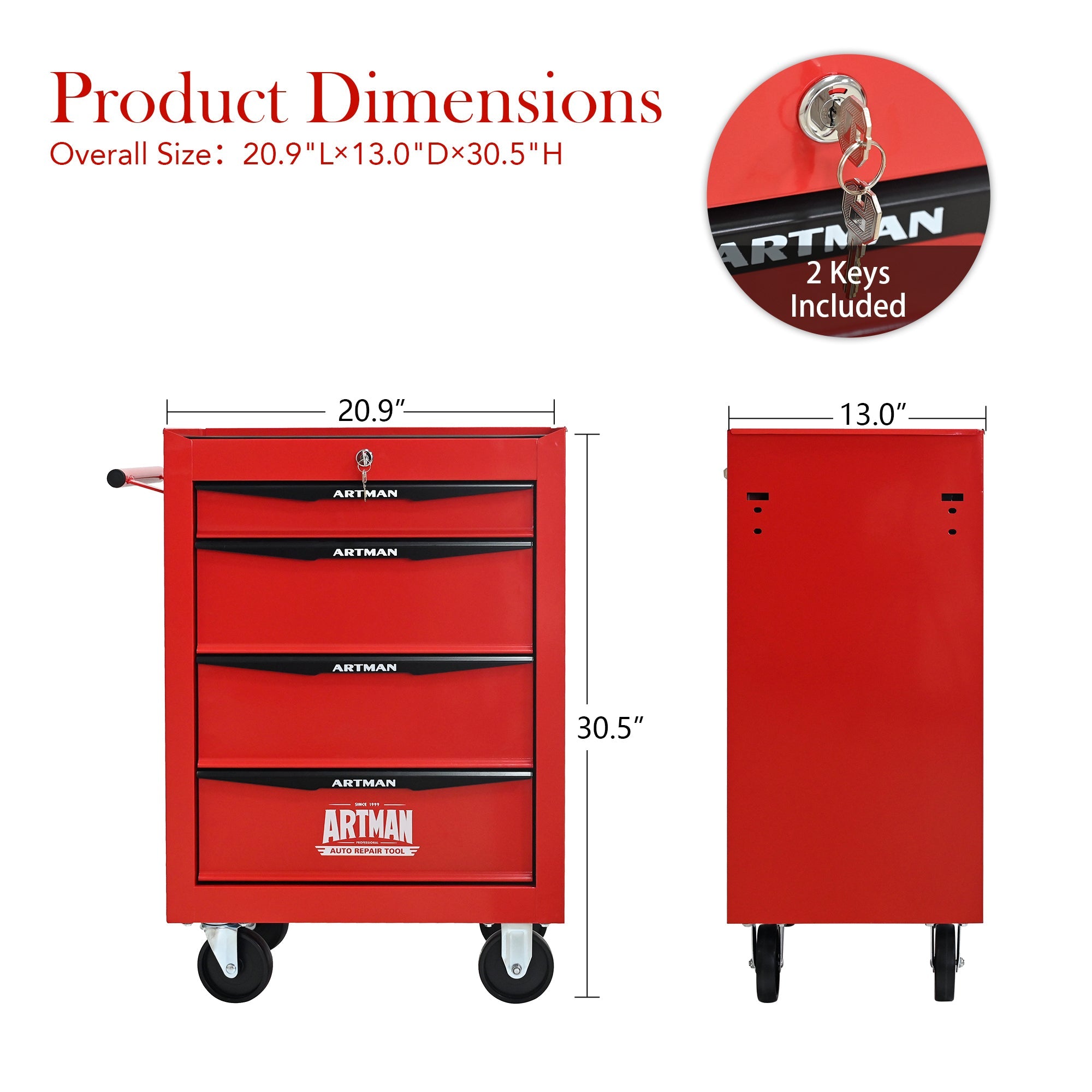 Rolling Metal Tool Chest with 4 Drawers, 20' Steel Storage Cabinet with Ball Bearing Slides, Black and Red Finish