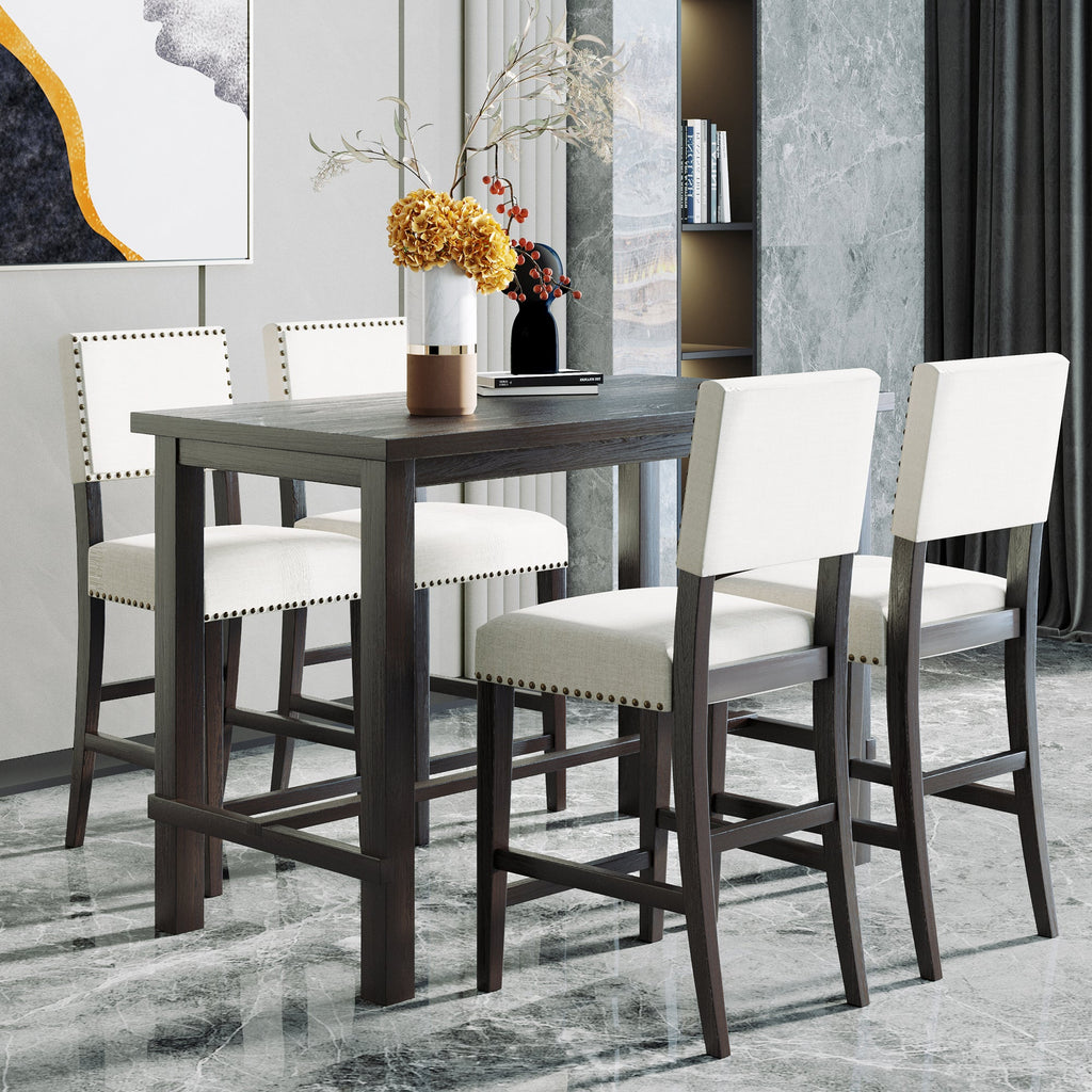 TREXM Classic Elegant 5-Piece Counter Height Dining Set with Table and 4 Chairs in Espresso and Beige