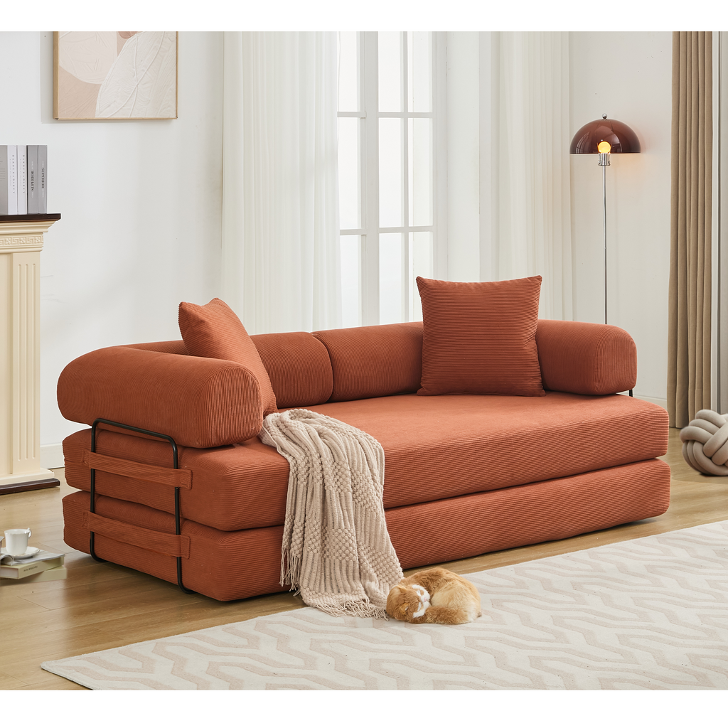 [NEW ARRIVED] [VIDEO PROVIDED] 78.5' Folding Convertible Out Sleeper Sofa Bed,4-in-1 DIY Combination Convertible Sofa, 3 seat, Folding Sleeper Sofa, King Size , Bedroom,Apartment,Corduroy,Orange