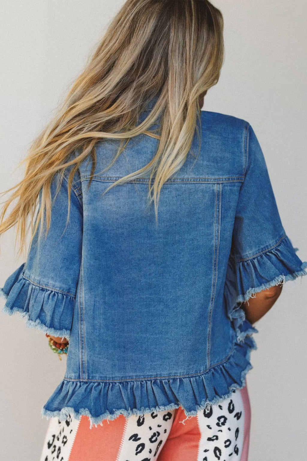 Denim Raw Edge Short Sleeve Ruffle Hem Jacket