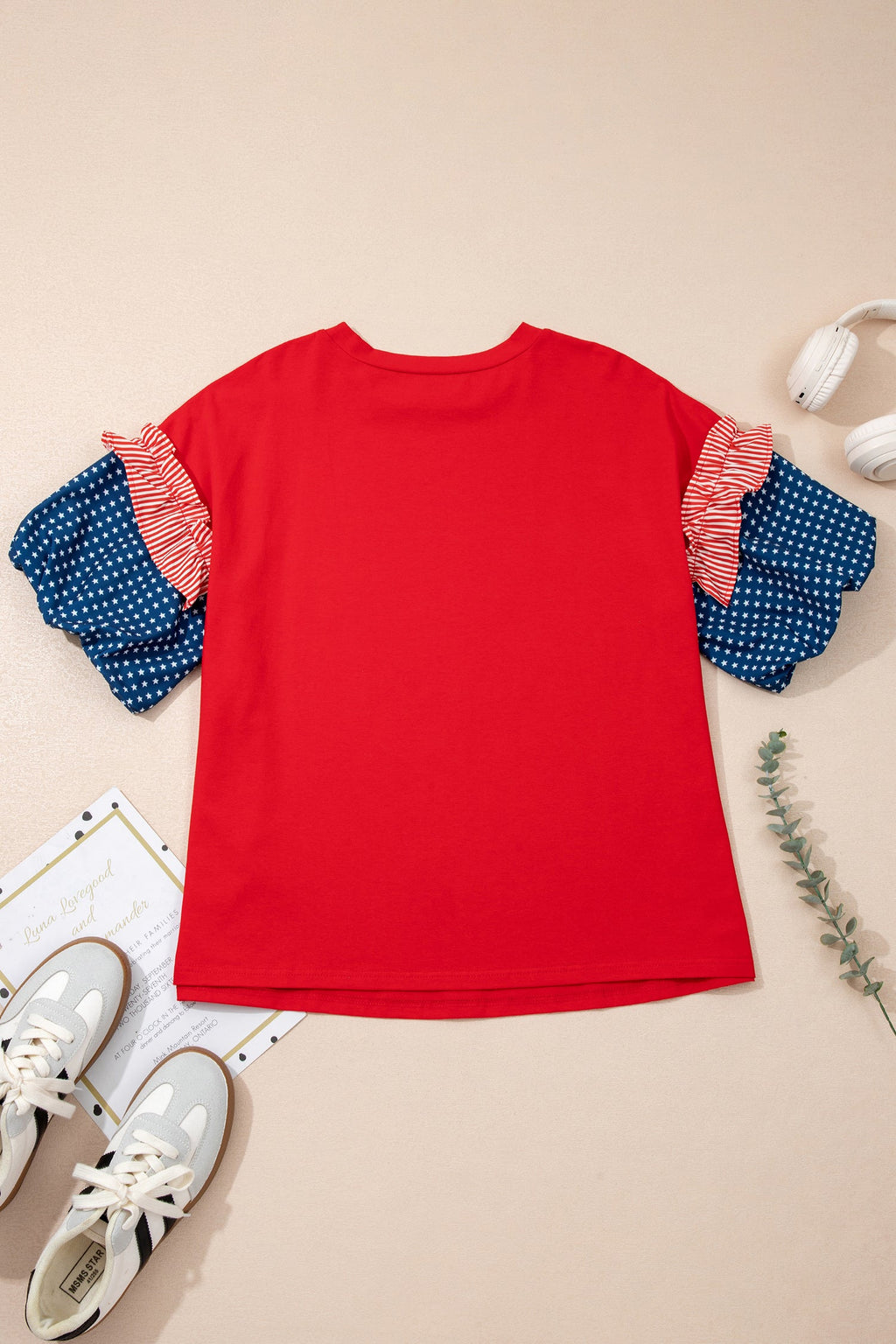 Plus Size Stars & Stripe Patchwork Puff Sleeve Top