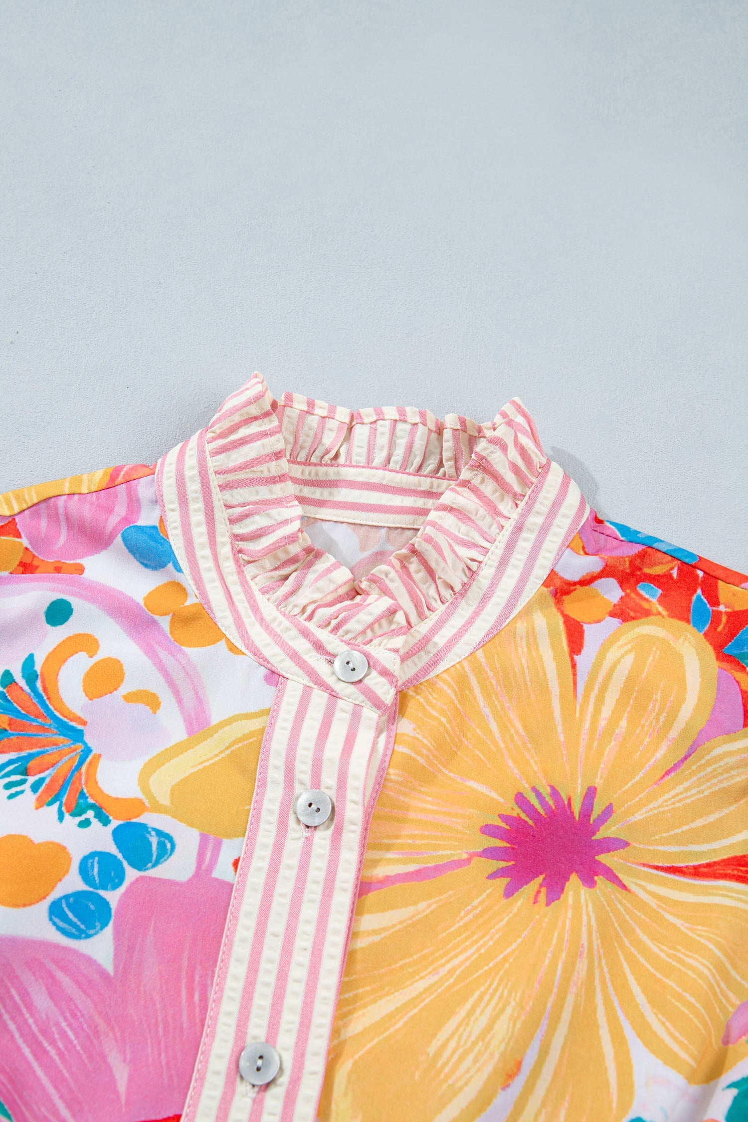 Floral Stripe Trim Puff Sleeve Buttoned Maxi Dress