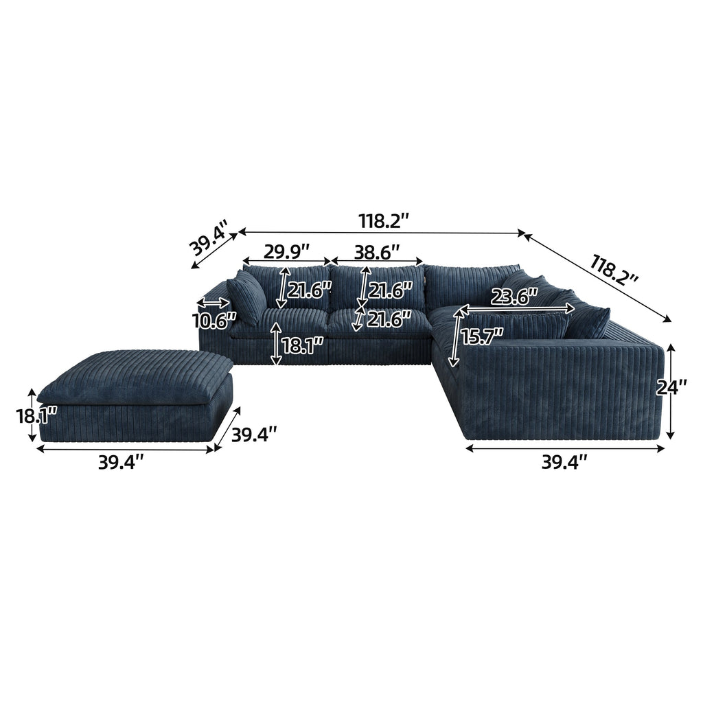 118.2' Cloud Sofa,Corduroy Fabric,Deep Seat Couches,Double-layer design,Removable Cushion,No Assembly, DIY Combination for Living room, Bedroom,Conference room ,Apartment,Blue