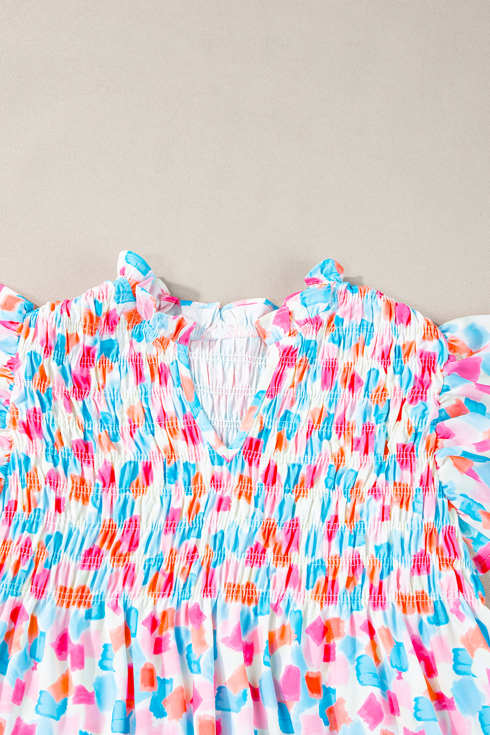 Abstract Print Shirred Yoke Ruffle Blouse