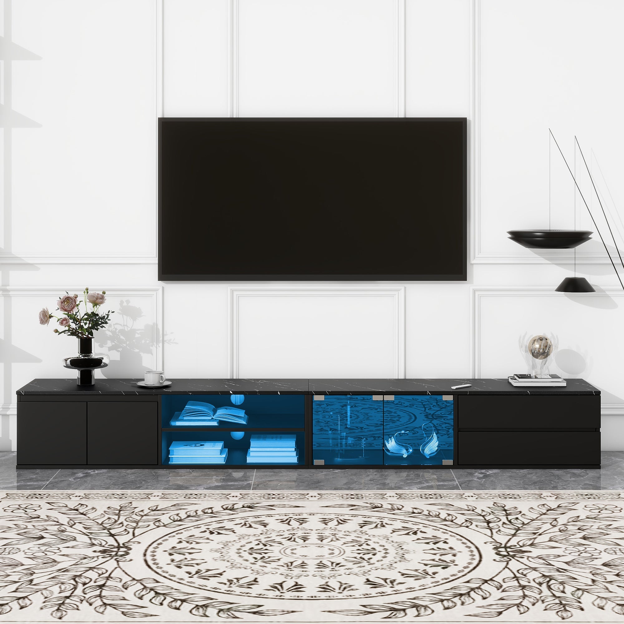ON-TREND Modern APP Controlled LED TV Stand for TVs Up to 105'', Faux Marble Tabletop Media Console with Tempered Glass Doors, Entertainment Center with 2 Drawers & Cabinets for Living Room, Black