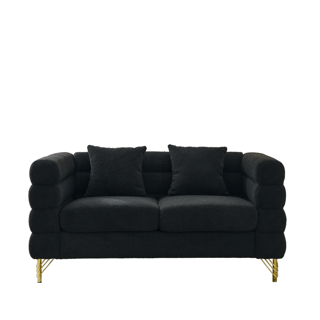 60Inch Oversized 2 Seater Sectional Sofa, Living Room Comfort Fabric Sectional Sofa-Deep Seating Sectional Sofa, Soft Sitting with 2 Pillows for Living Room, Bedroom, Office, Black teddy(W834S00030)