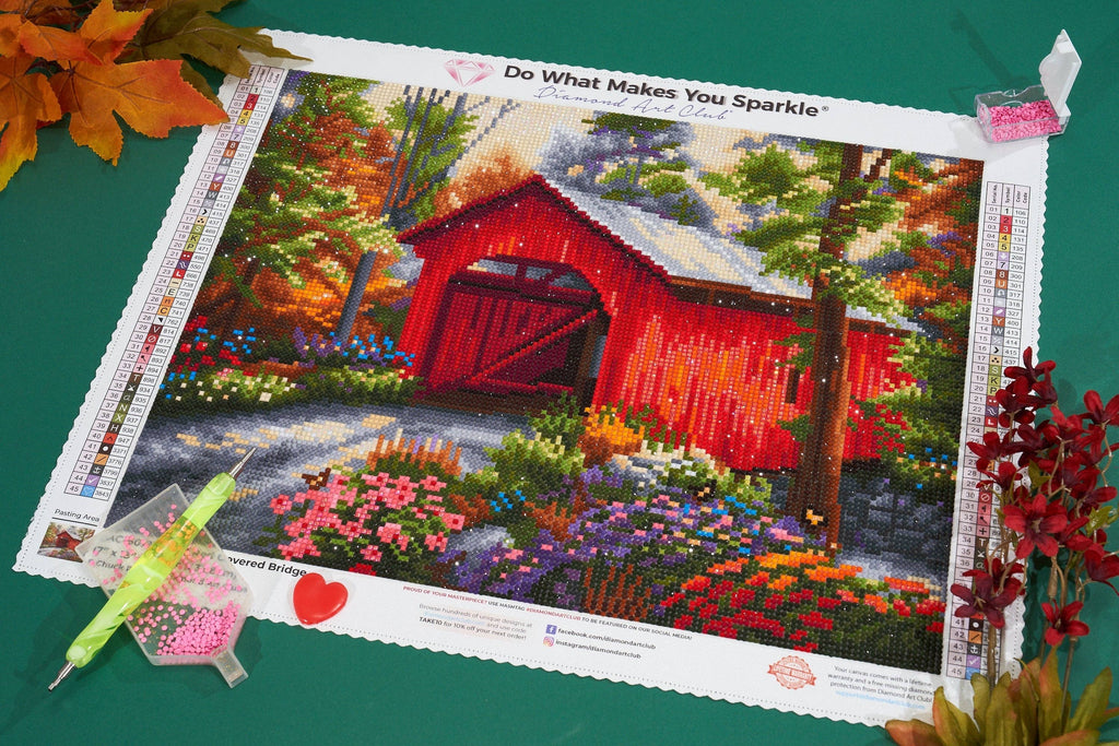 Diamond Art Club – Red Covered Bridge Diamond Painting (Round Drill, 17" x 13")
