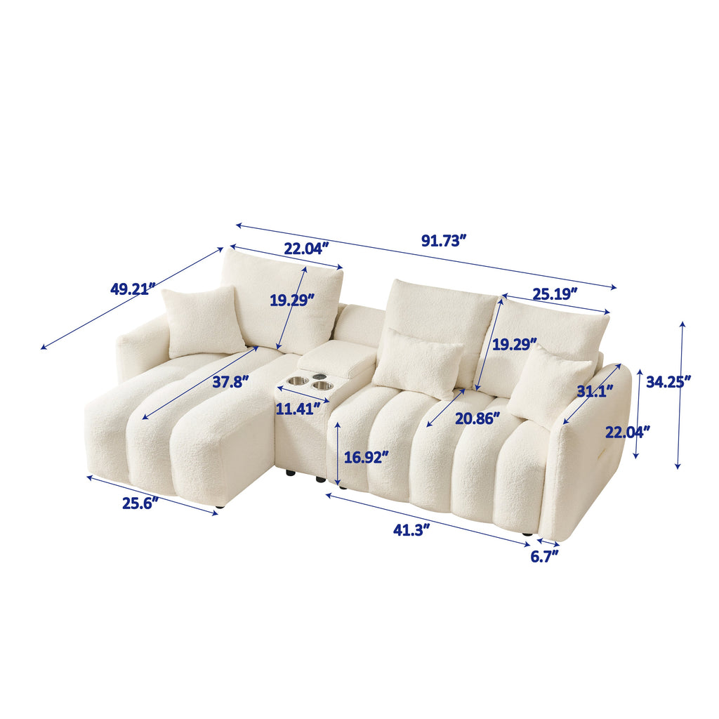 92-inch high-quality teddy fur fabric corner sofa, with USB port, center console and coffee table. A super large cushioned sofa, suitable for grand living rooms, apartments and offices.