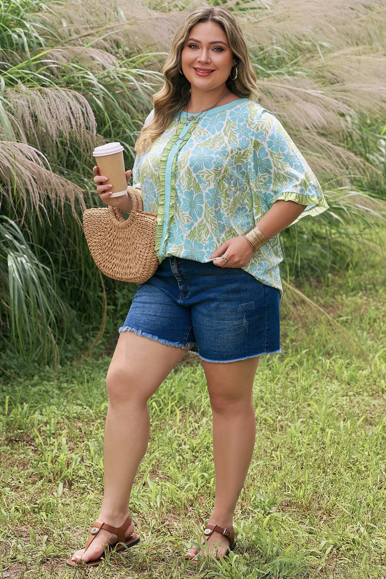 Plus Size Floral Frilled Colorblock Trim Blouse
