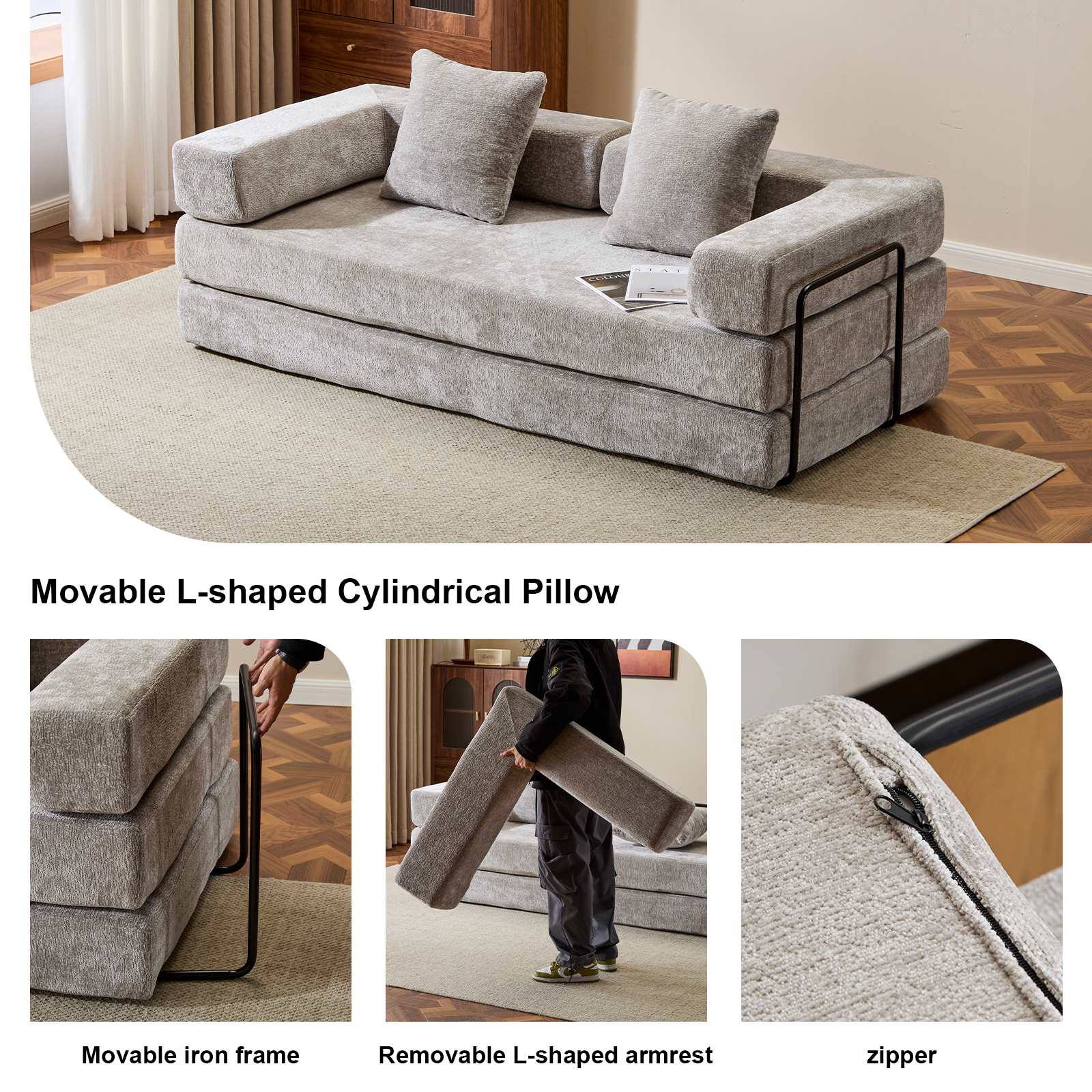 Floor Couch,Compression Sofa,Convertible Floor Sofa Bed-with Pillow Back Support Armrest,Comfy Futon Couch Lounge Sleeper Bed,Chenille fabric,for Living Room Bedroom (LIGHT-GREY)