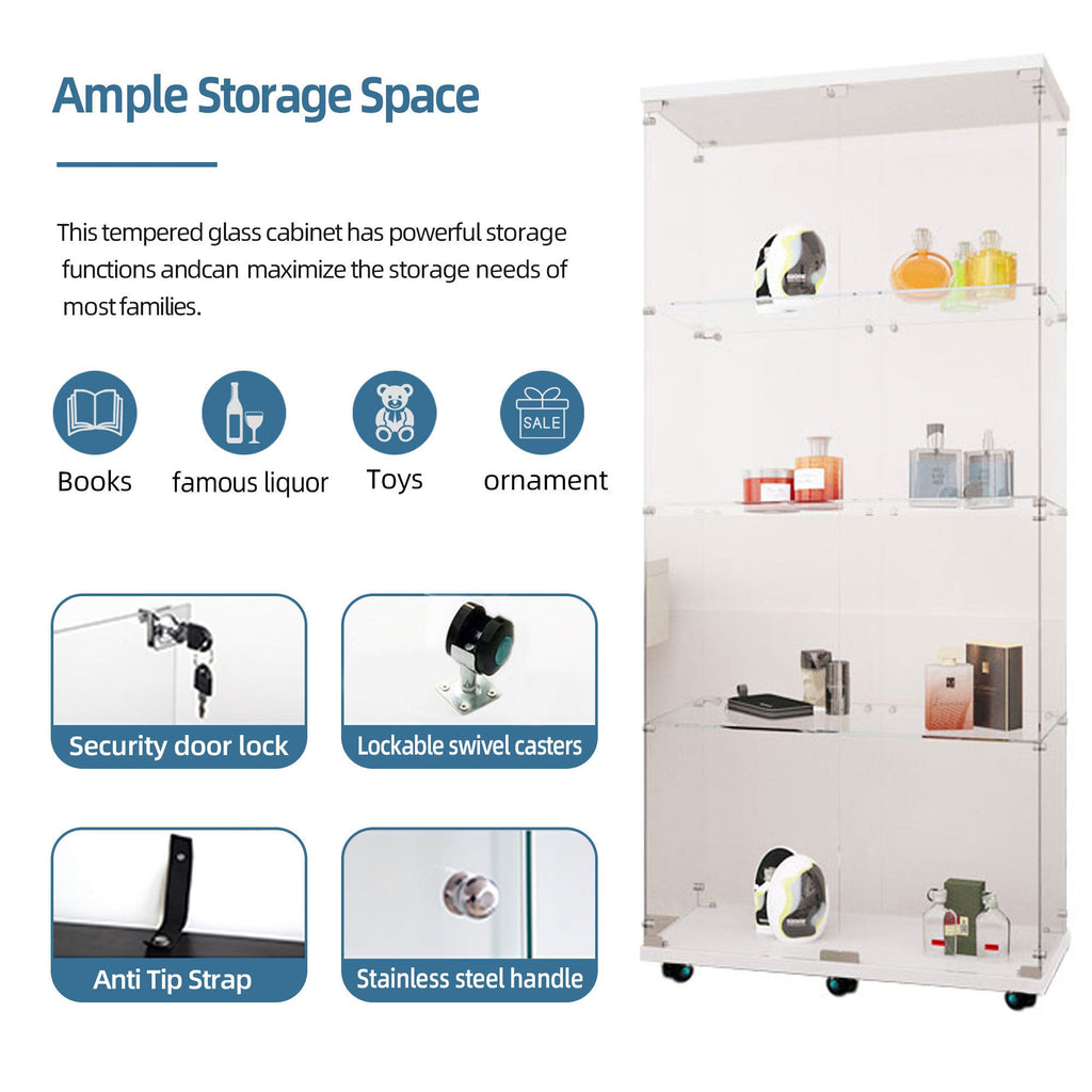 Tempered glass display cabinet, wine cabinet,storage cabinet,file cabinet,with Bluetooth LED light strip,lock on the door,equipped with cast,easy to move,for living room, bedroom,hallway,Office,white