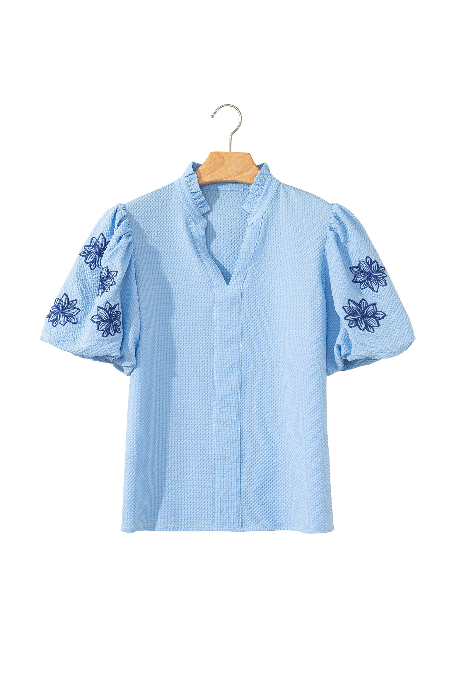 Flower Embroidered Puff Sleeve Split Neck Blouse