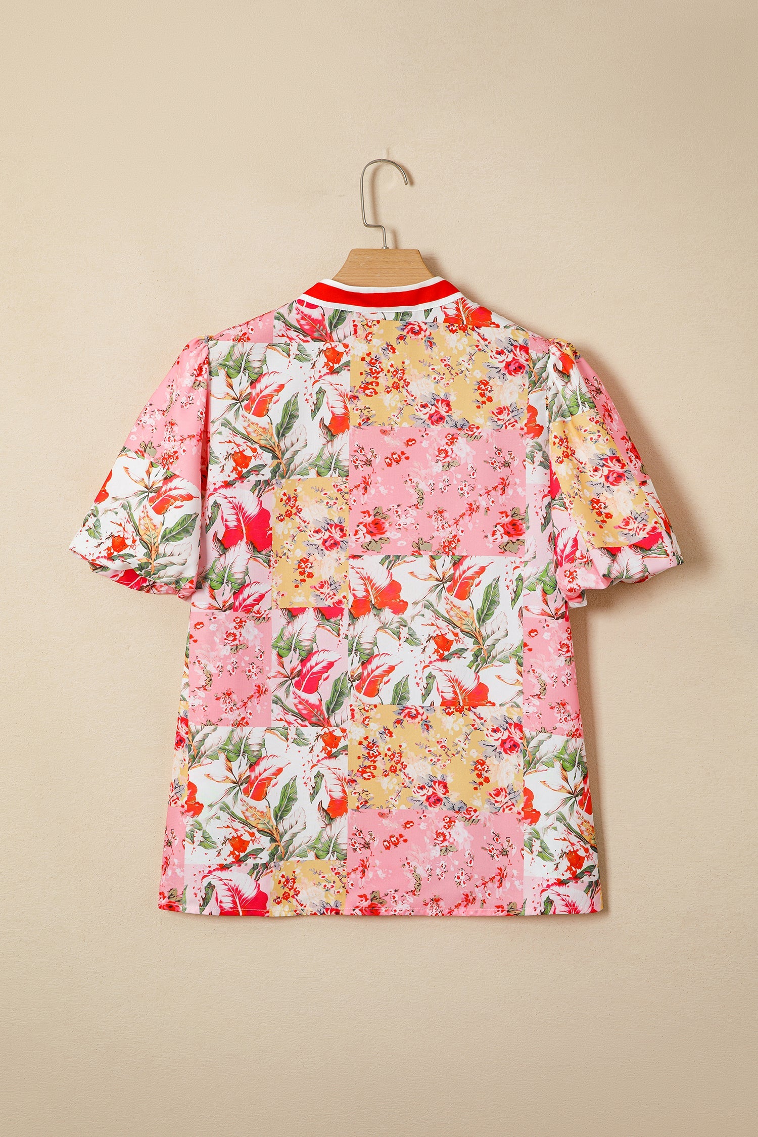 Floral Contrast Collared V-Neck Short Sleeve Blouse
