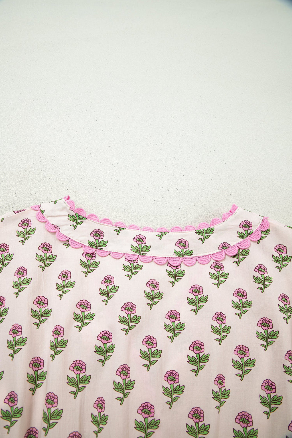 Floral Scallop Trim V-Neck Button Front Maxi Dress
