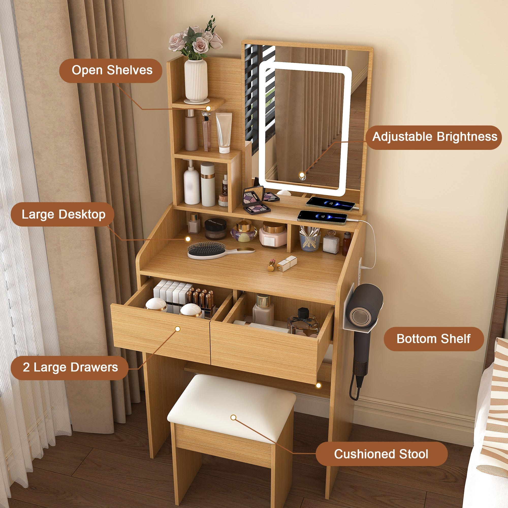 Modern Wood Vanity Table with LED Mirror, Power Outlet, Hairdryer Holder & Padded Stool – Compact Dressing Desk for Small Bedrooms