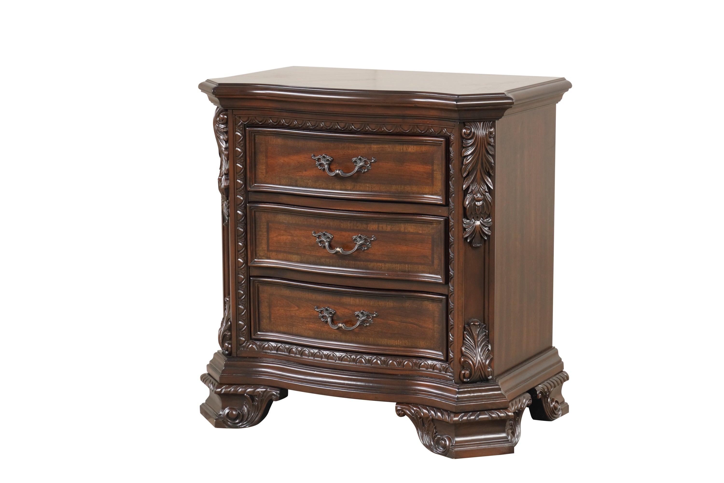 Traditional Style 4 Pc Queen Bedroom Set With Intricate Wood Carvings Made with Wood in Walnut
