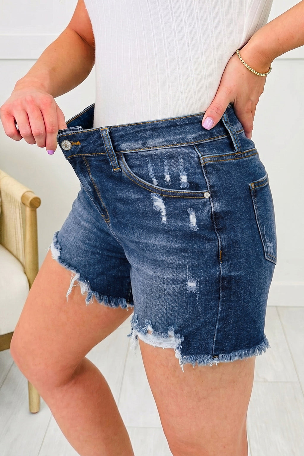 Distressed Denim Asymmetric Raw Hem Shorts