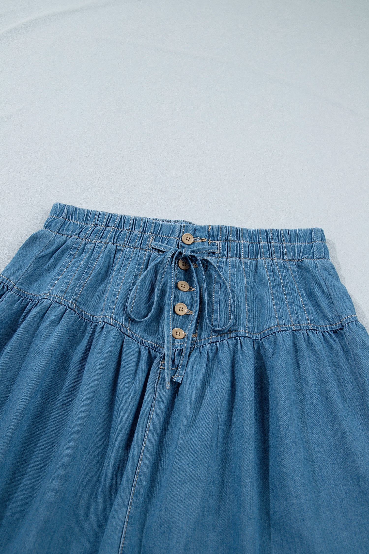 Denim Half Button Pleated Drawstring Mini Skirt