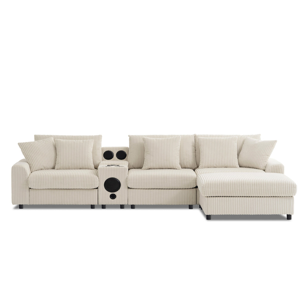 Modular Corduroy Sectional Sofa with Bluetooth Speakers, USB Charger, Cup Holders, Storage, Ottoman, 114*64'' Cream