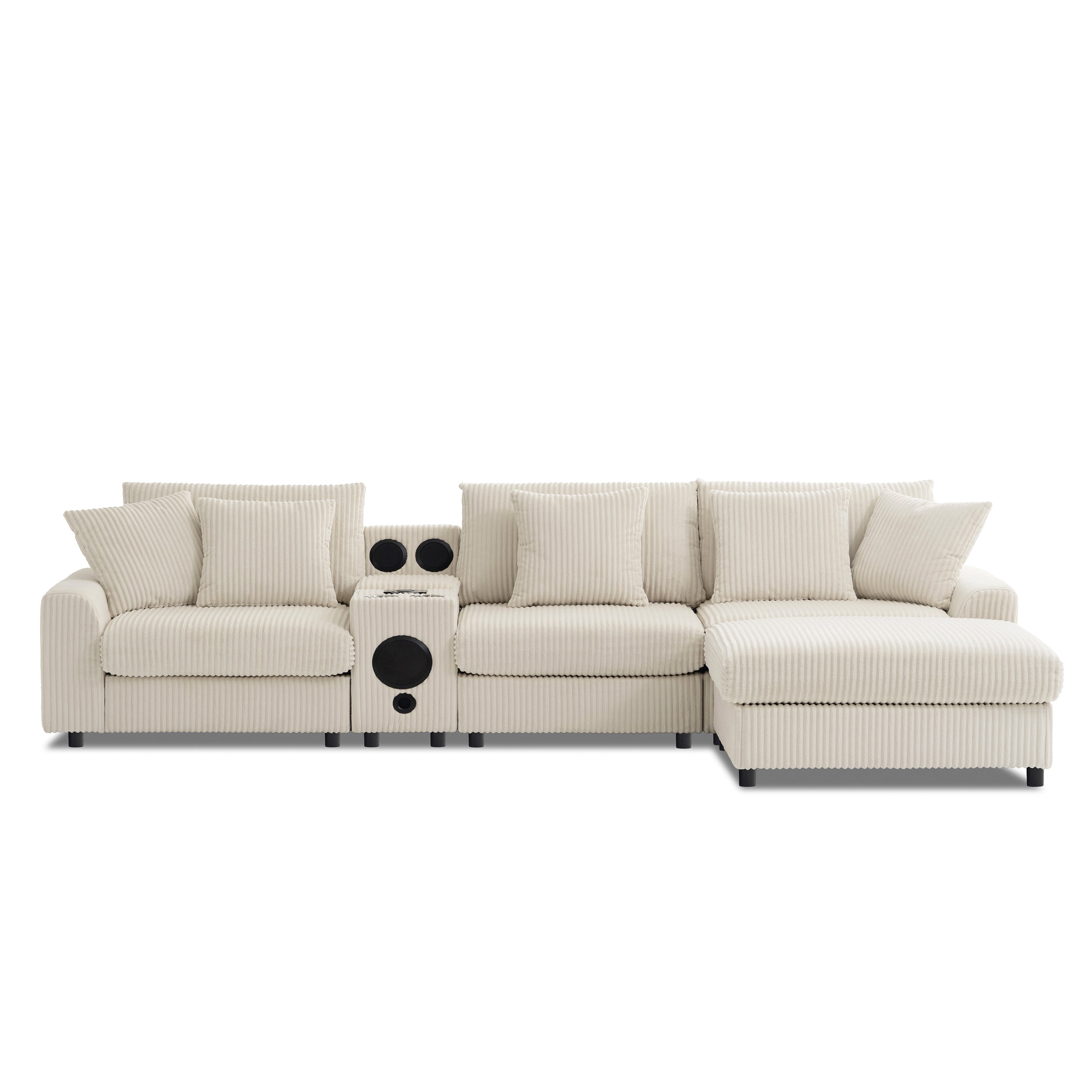 Modular Corduroy Sectional Sofa with Bluetooth Speakers, USB Charger, Cup Holders, Storage, Ottoman, 114*64'' Cream