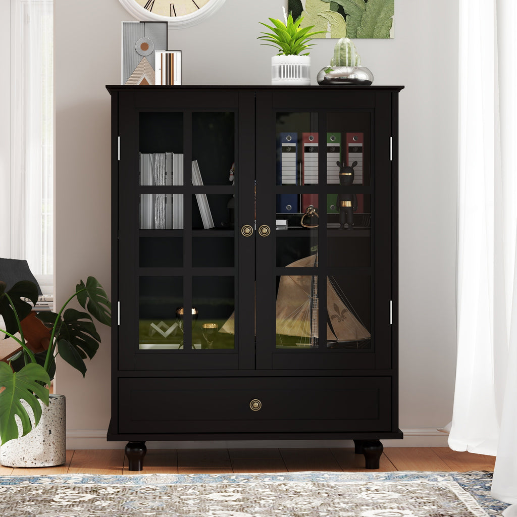 Minimalist Buffet Cabinet with Double Glass Doors and Drawer, Modern Wooden Storage Sideboard in Black