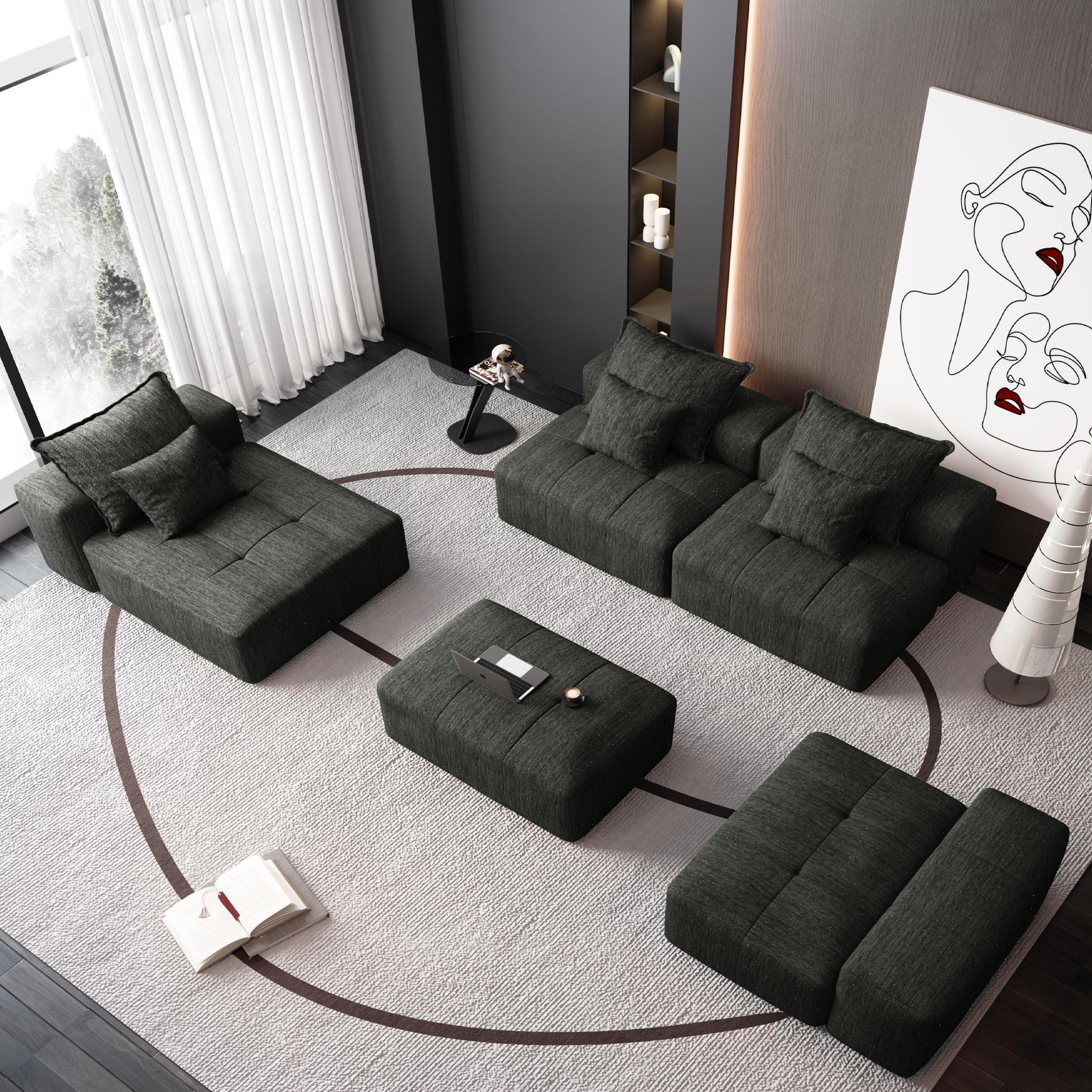 Modern Oversized Modular Sectional Sofa, Sparkling Chenille Fabric Soft Cushion Sofa with 6 Pillows, 6 PCS DIY Combination Tufted Sofa, No Assembly Required, BLACK