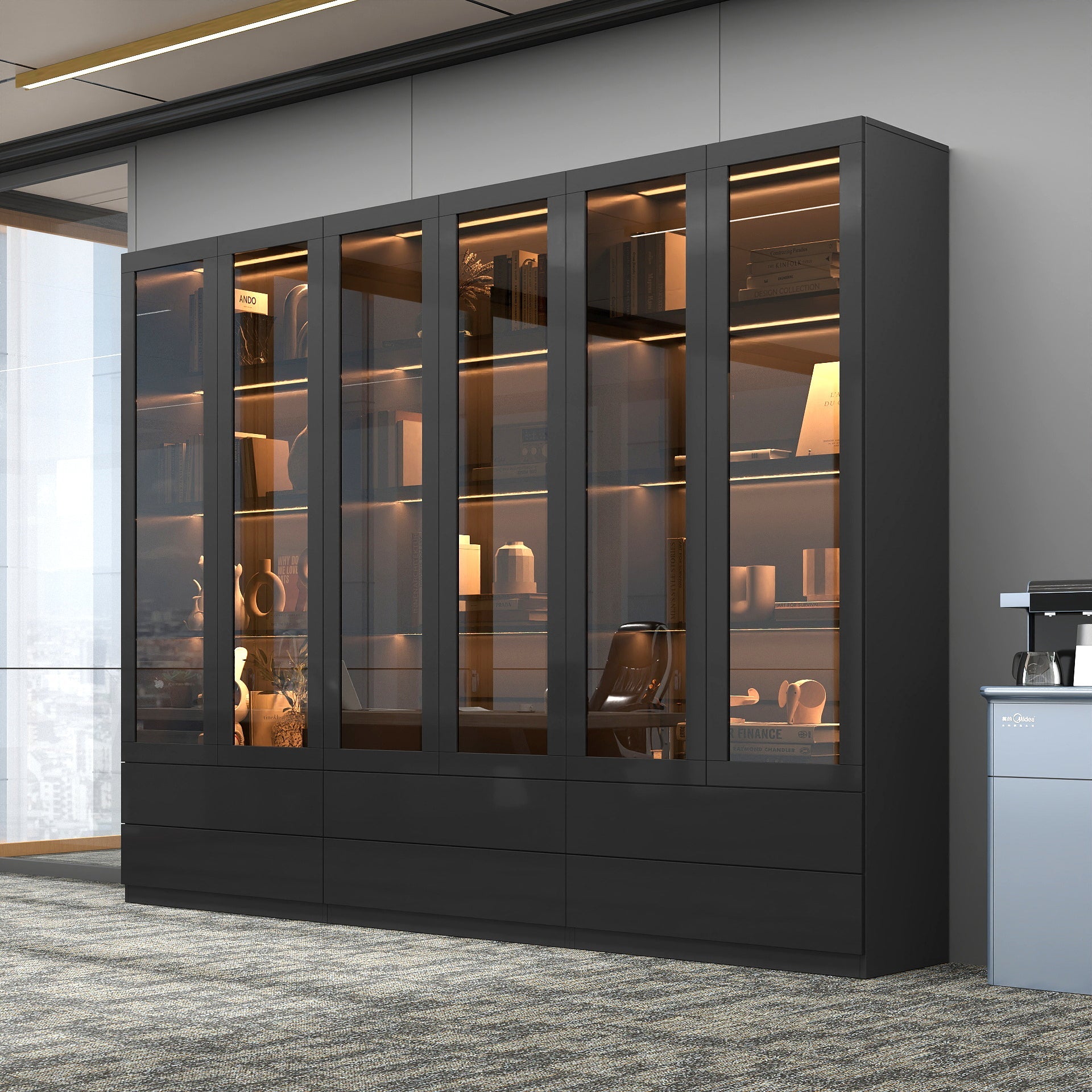Display Cabinet with Glass Doors, Curio Storage Cabinet with 2-Drawer, Bookcase with LED Lights, Black