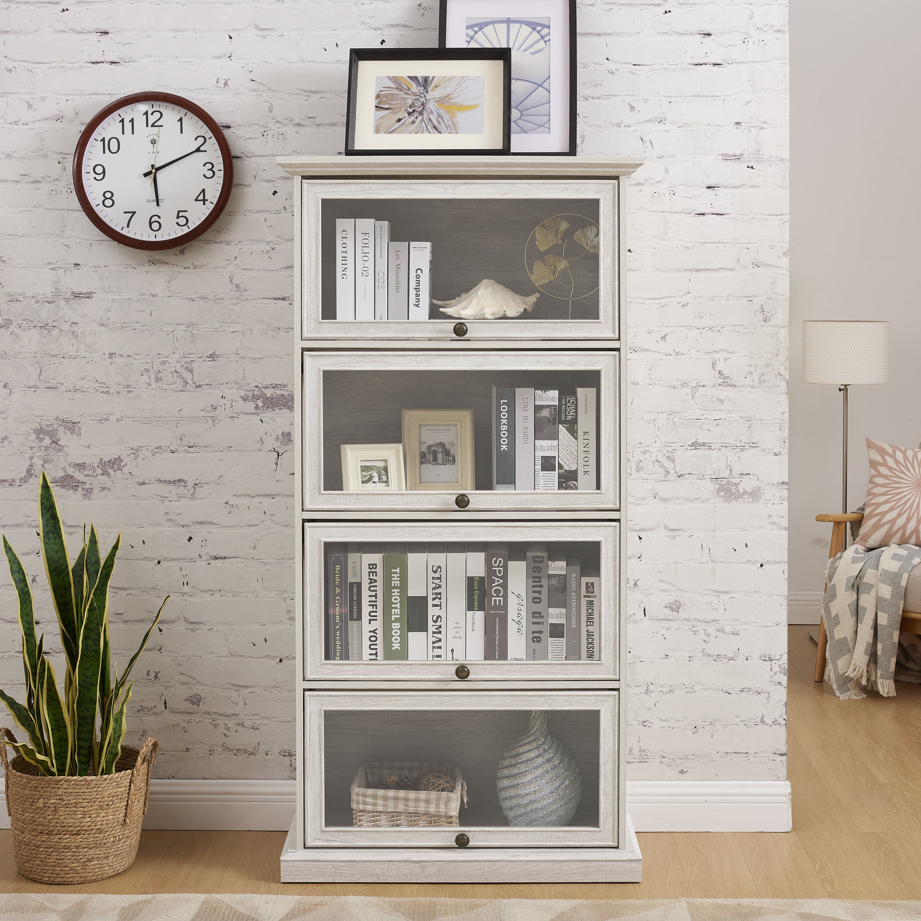 Glass display cabinet 4 Tier Glass Display Cabinet Storage Curio Cabinet with Flip up Glass Doors, Collectors Showcase Toy Figure Organizers Rack, Bookcase for Living Room White