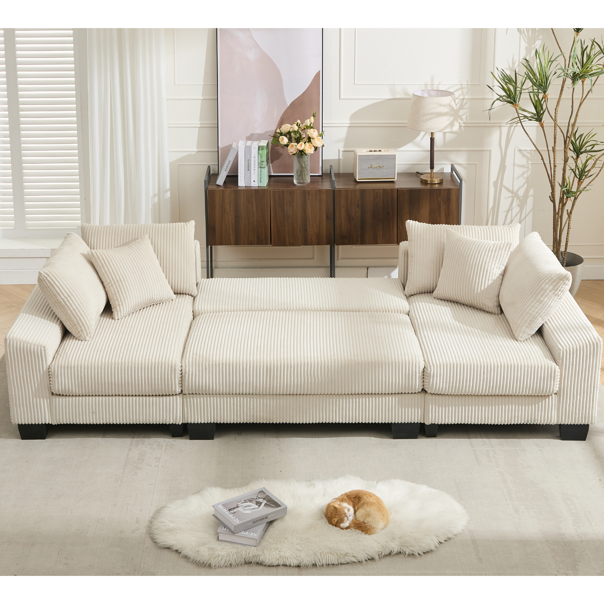[NEW ARRIVED] [VIDEO PROVIDED] 114' Sleeper Sofa,U Shaped Sofa , Pull Out Bed,Convertible Oversize 2 in 1 Sleeper Sofa, Living Room,Upholstery Sofa Bed,Adjustable Sleeper Sofa,Corduroy,Beige