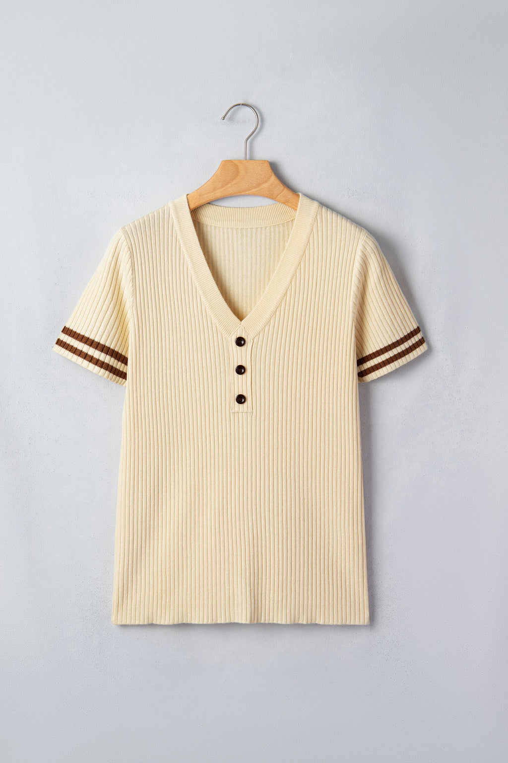 Stripe Contrast Short Sleeve Ribbed V-Neck Sweater