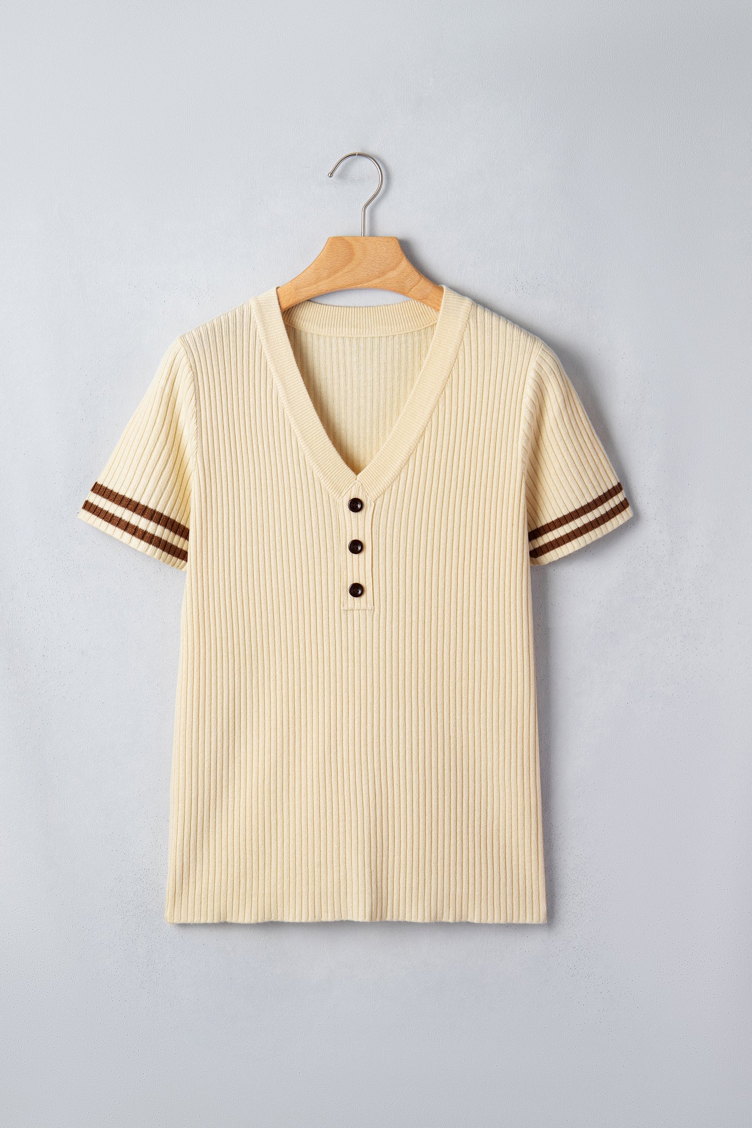 Stripe Contrast Short Sleeve Ribbed V-Neck Sweater