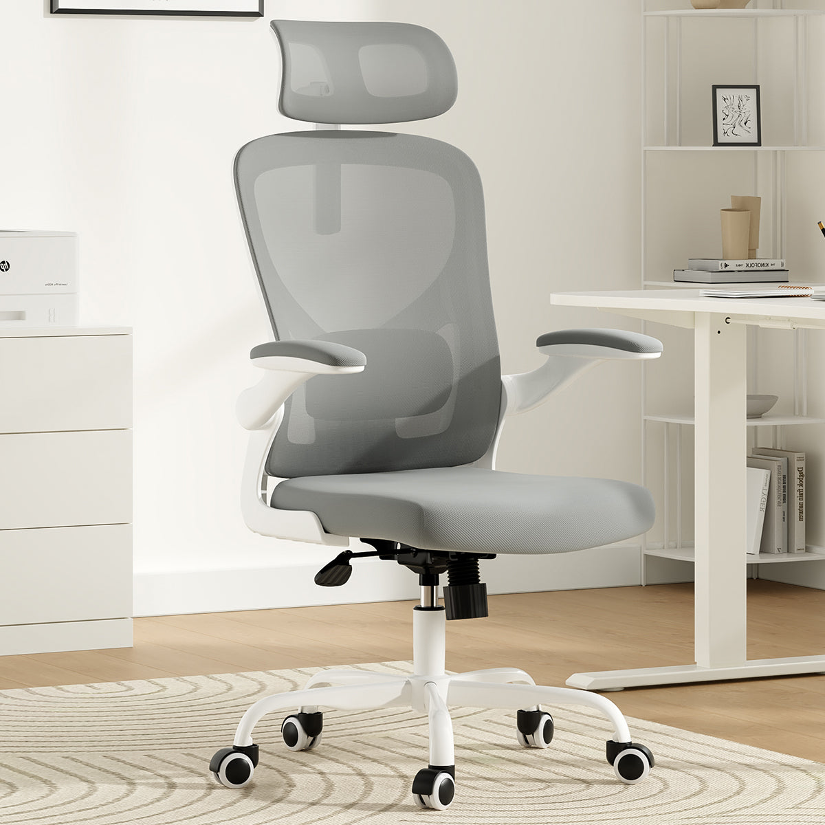 Ergonomic Office Chair, Home Office Desk Chair with Headrest, High Back Computer Chair with Armrests and Adjustable Lumbar Support for Home Office Study Room, White & Gray