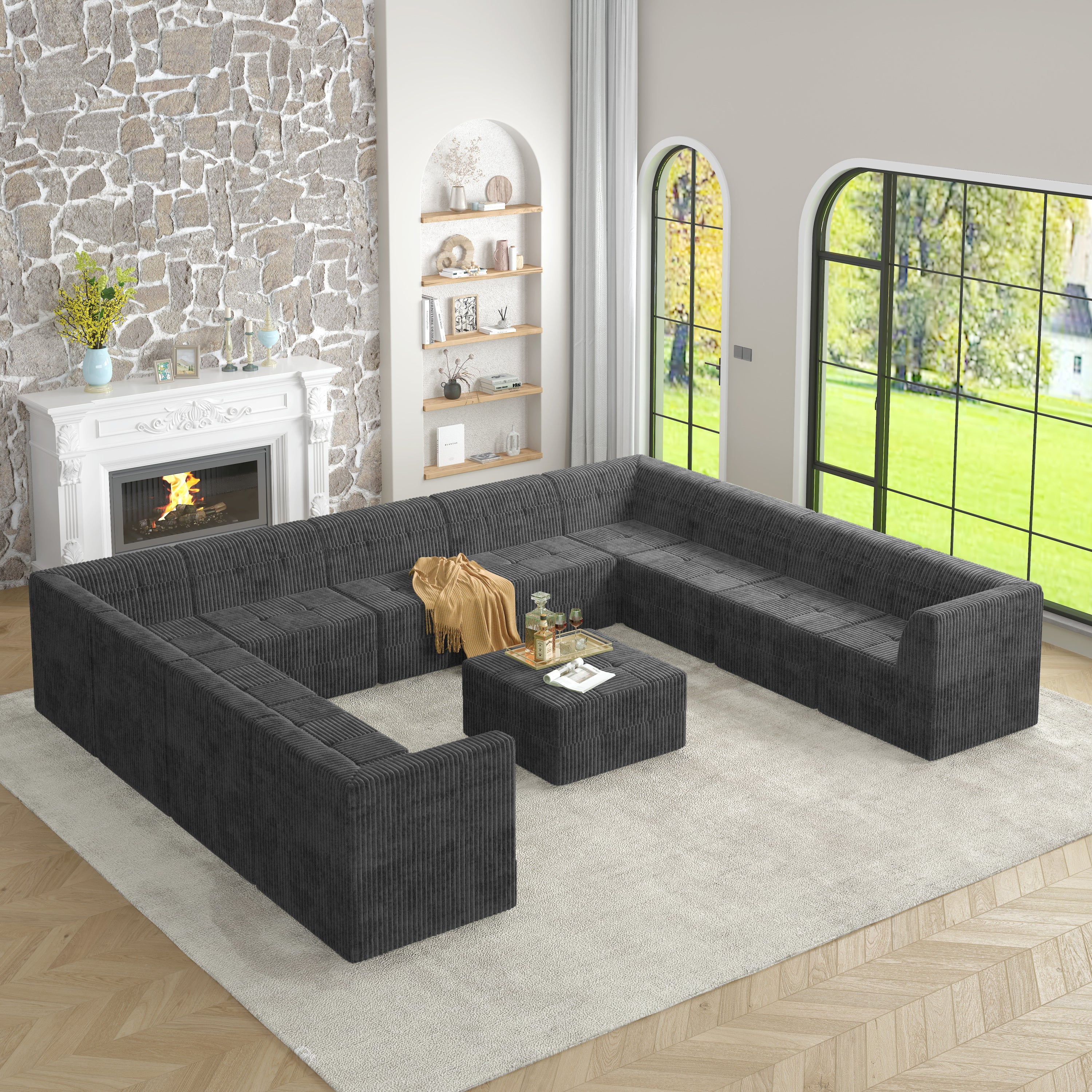 U shape Modular Sectional Sofa,DIY Compressed Sectional Sofa Modern Minimalist Style Corduroy Couch, Sleeper Sofa for Living Room, Bedroom, Comfy Compressed Sofa Couch Space-GREY