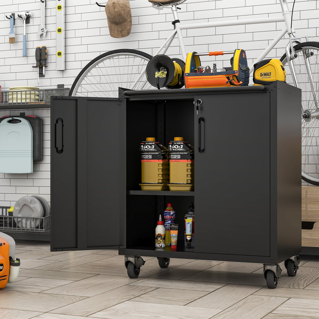 Heavy-Duty Metal Garage Storage Cabinet with Wheels - Sturdy Tool Storage Solution in Black Steel, 29.53x17.72x34.65 inches