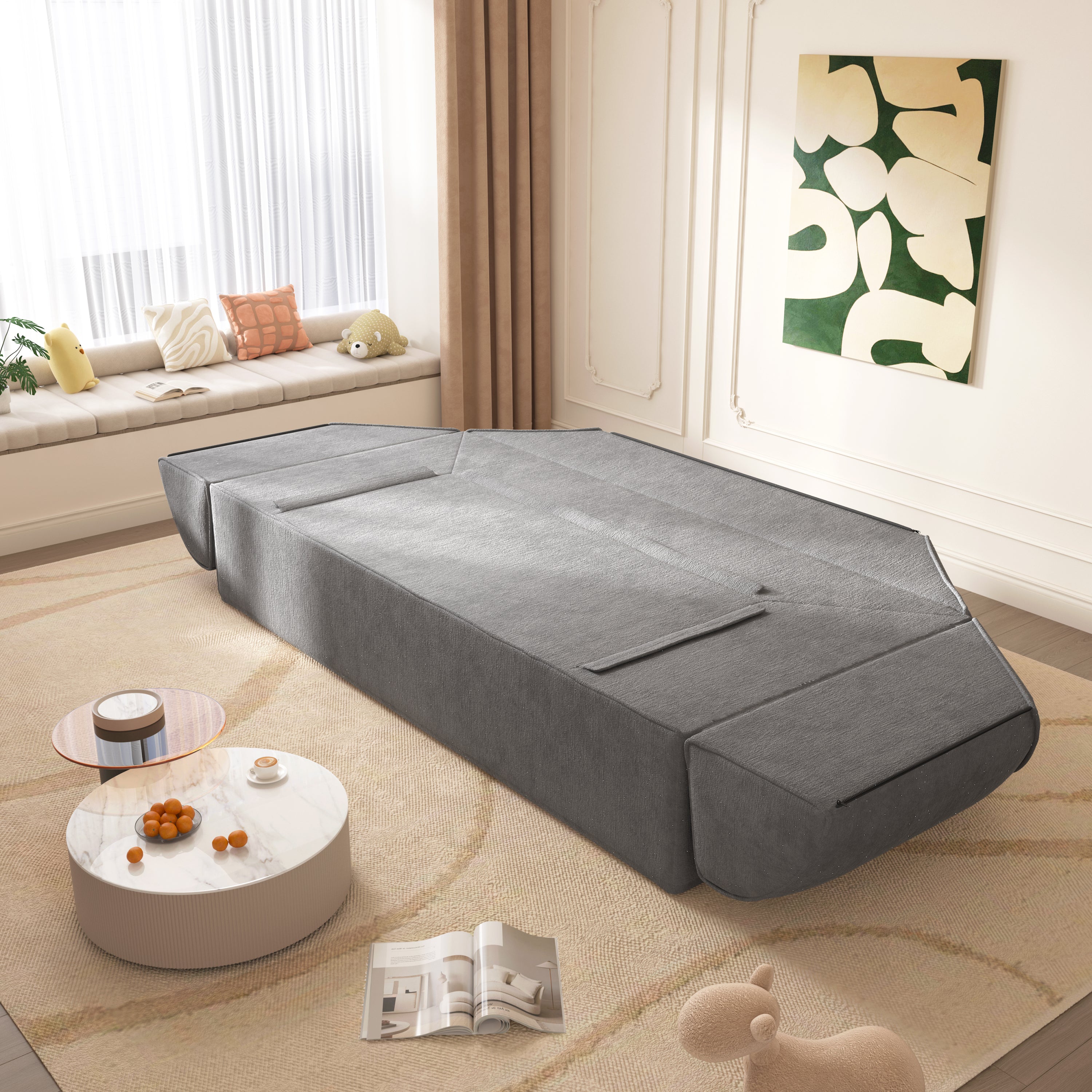 3-in-1 Convertible Sofa Bed, 79.5' Modern Deep Seat Couch with 2 Pillows, 3-Seater Sofa, Sparkling Chenille Fabric Sofa,Chaise Lounge for Living Room, Studio,Office,Grey