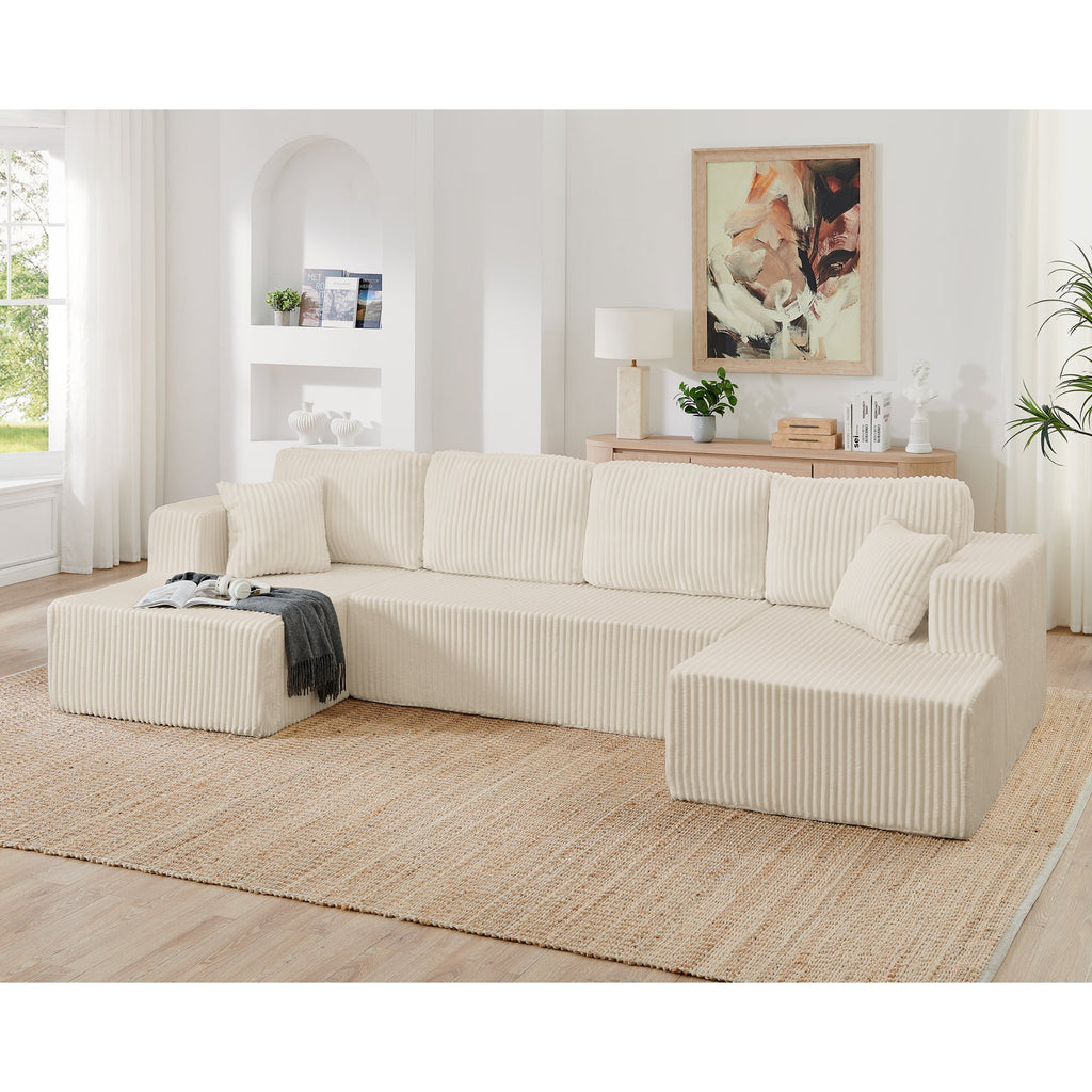 Modern Minimalist U-Shape Modular Sectional Sofa Sleeper in Beige Corduroy
