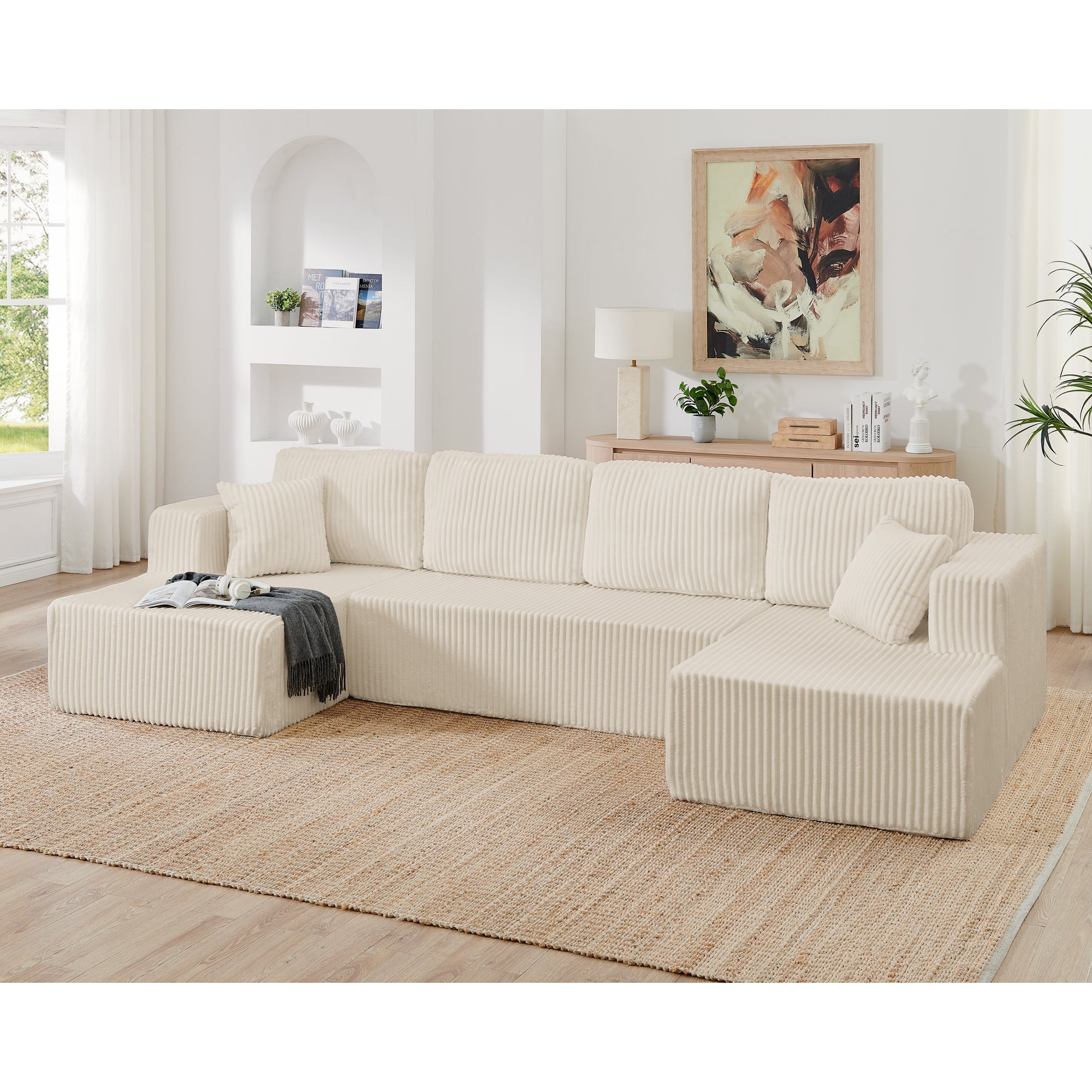 Modern Minimalist U-Shape Modular Sectional Sofa Sleeper in Beige Corduroy