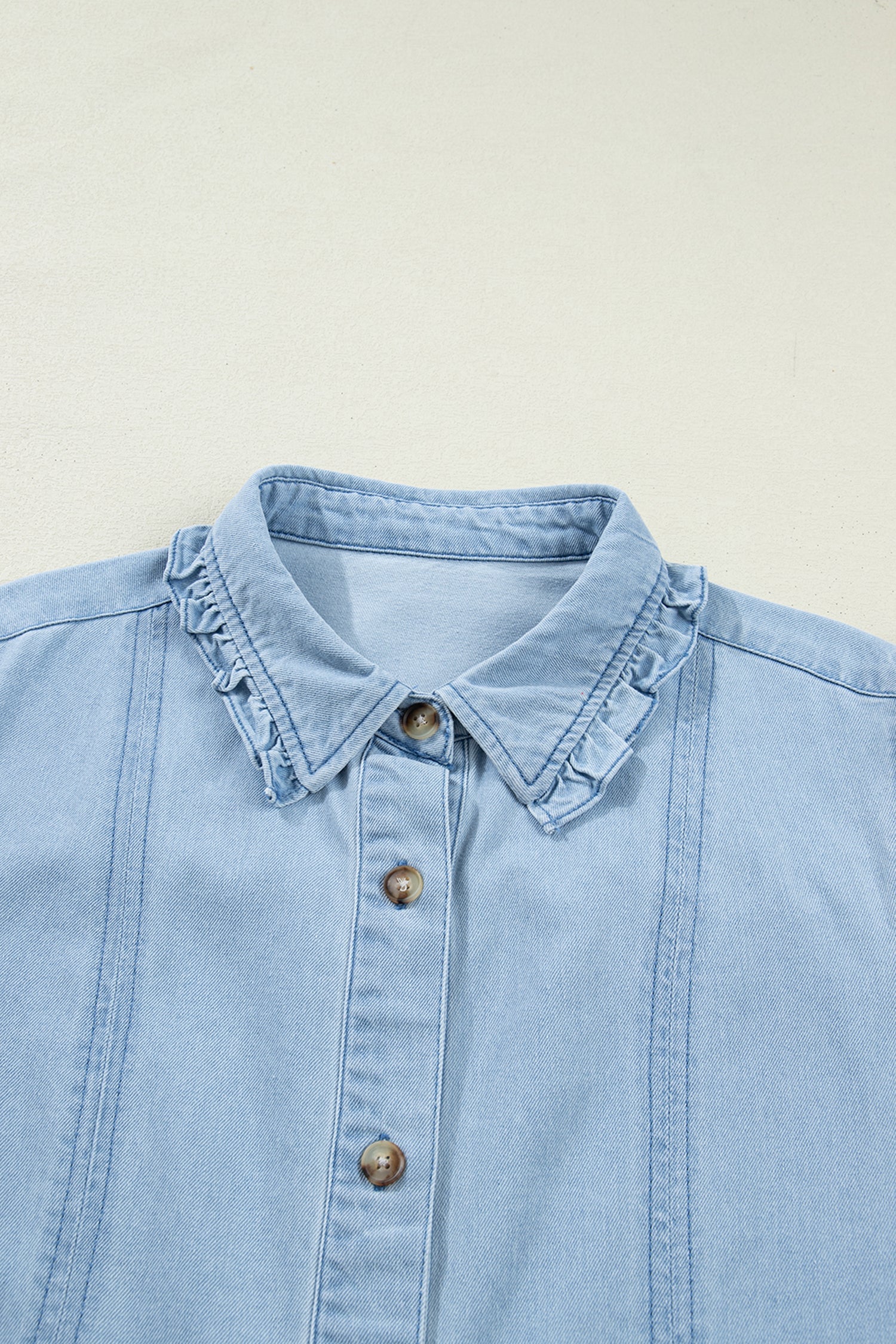 Denim Ruffle Edge Collared Button Up Dress