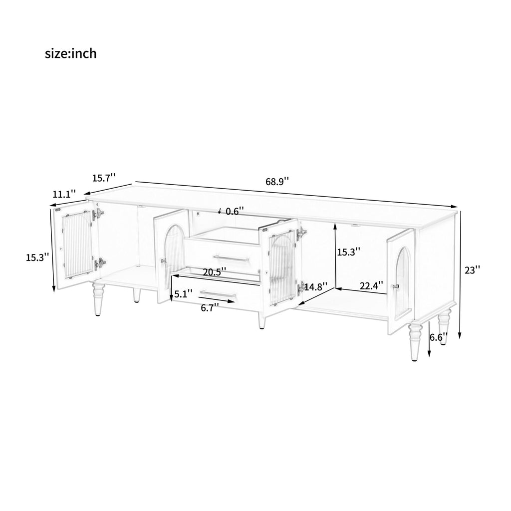 U-Can 68.9'' Retro TV Stand for TVs up to 75 Inches, Entertainment Center Media Console with Fluted Glass Doors and Five Solid Wood Legs for Living room(OLD SKU:N724P198468B)