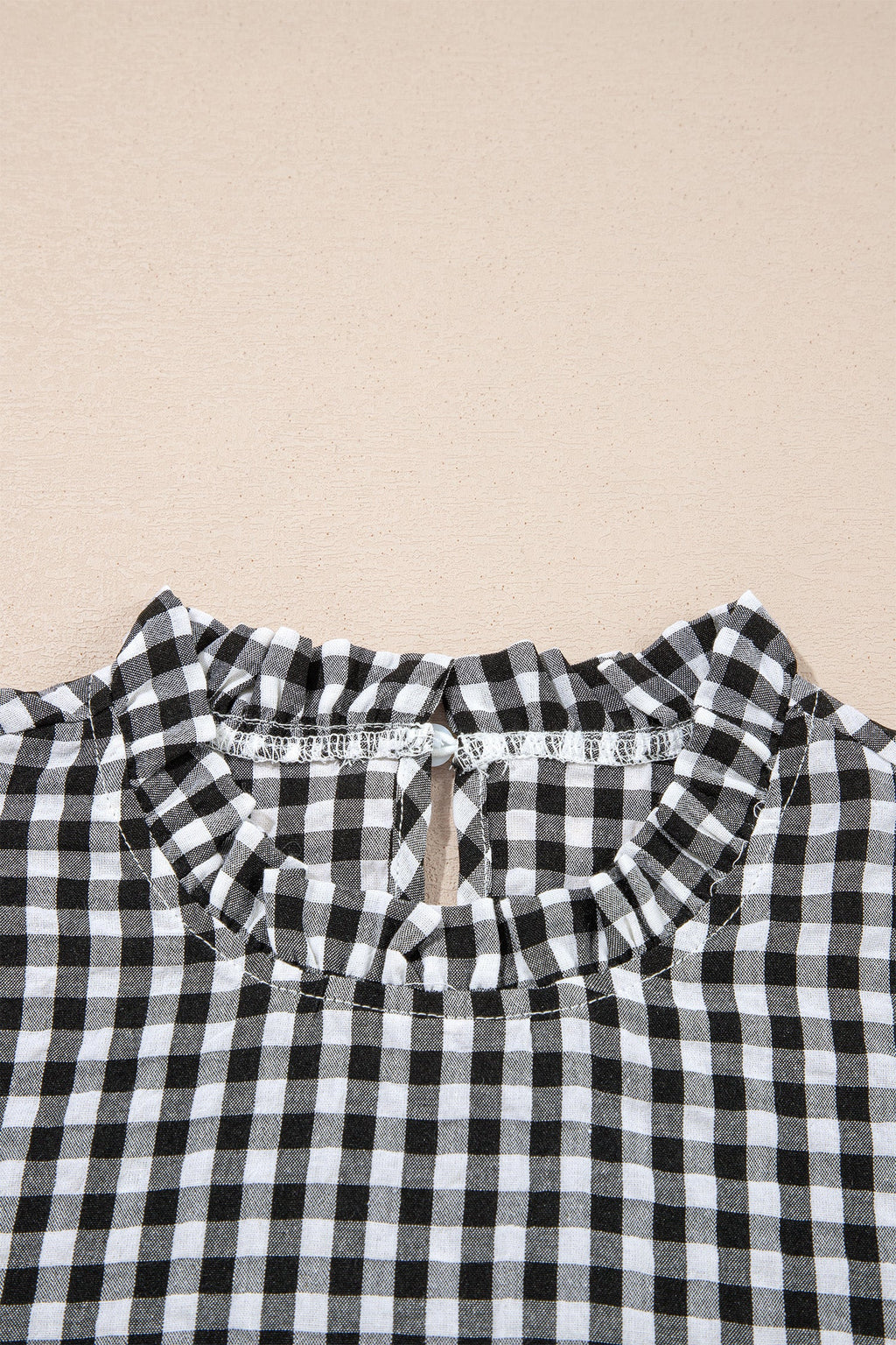 Gingham Plaid Puff Sleeve Frilled Neck Blouse