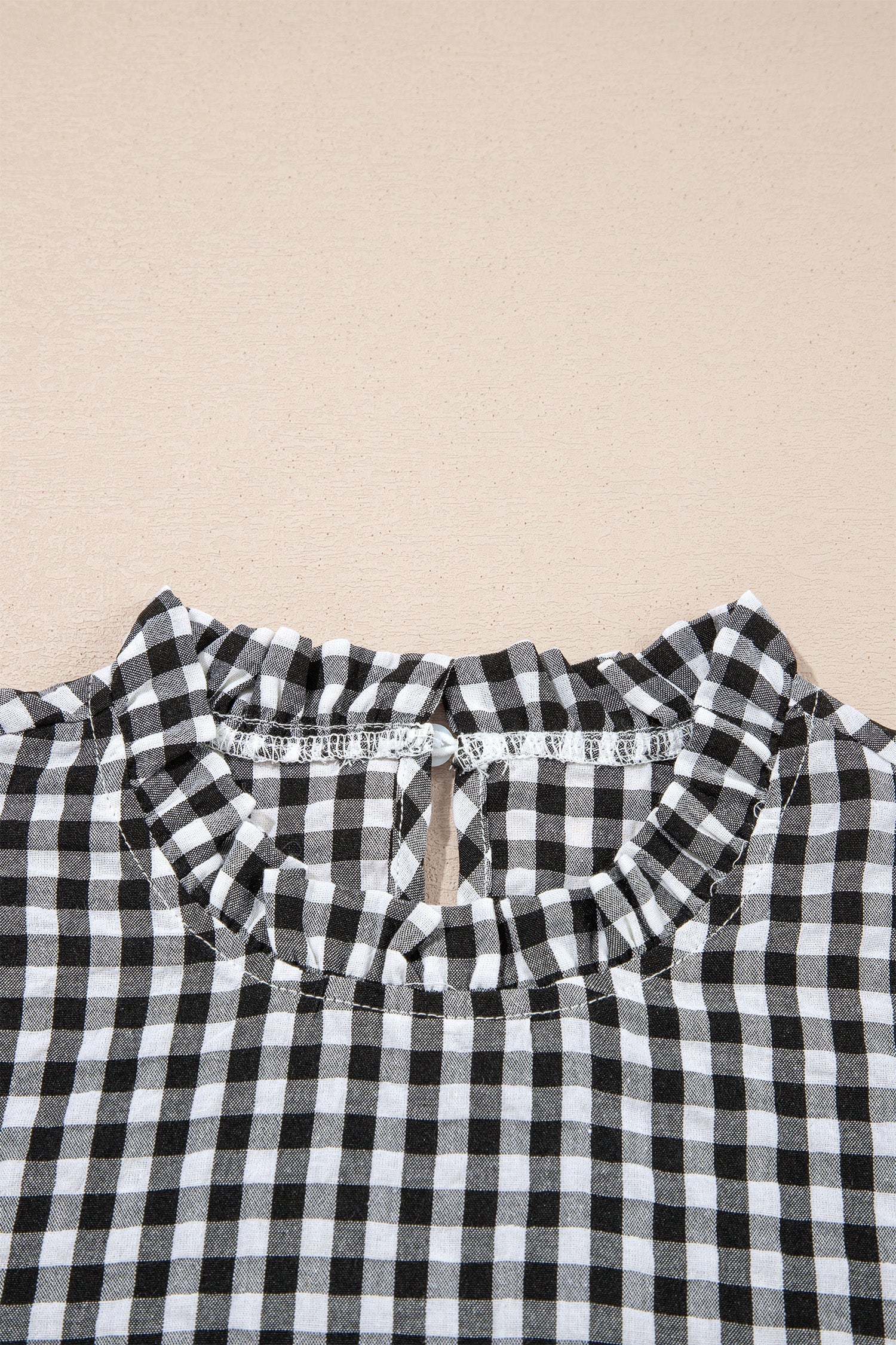 Gingham Plaid Puff Sleeve Frilled Neck Blouse