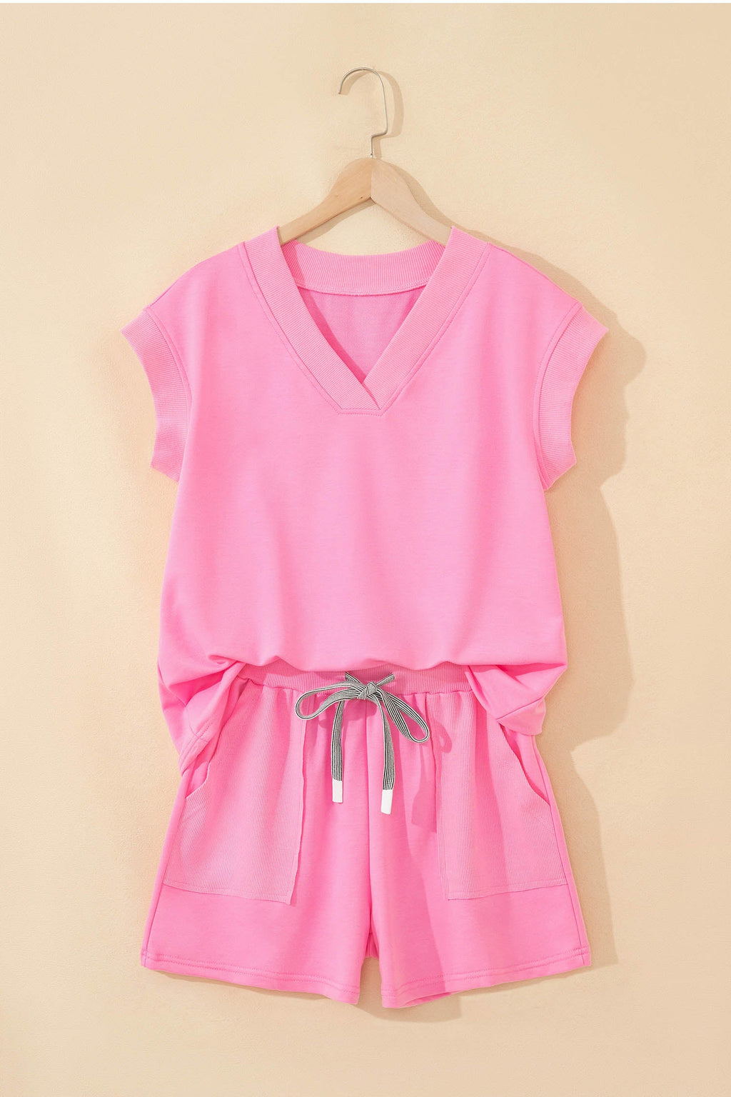 Solid V-Neck Short Sleeve Top & Drawstring Shorts Set