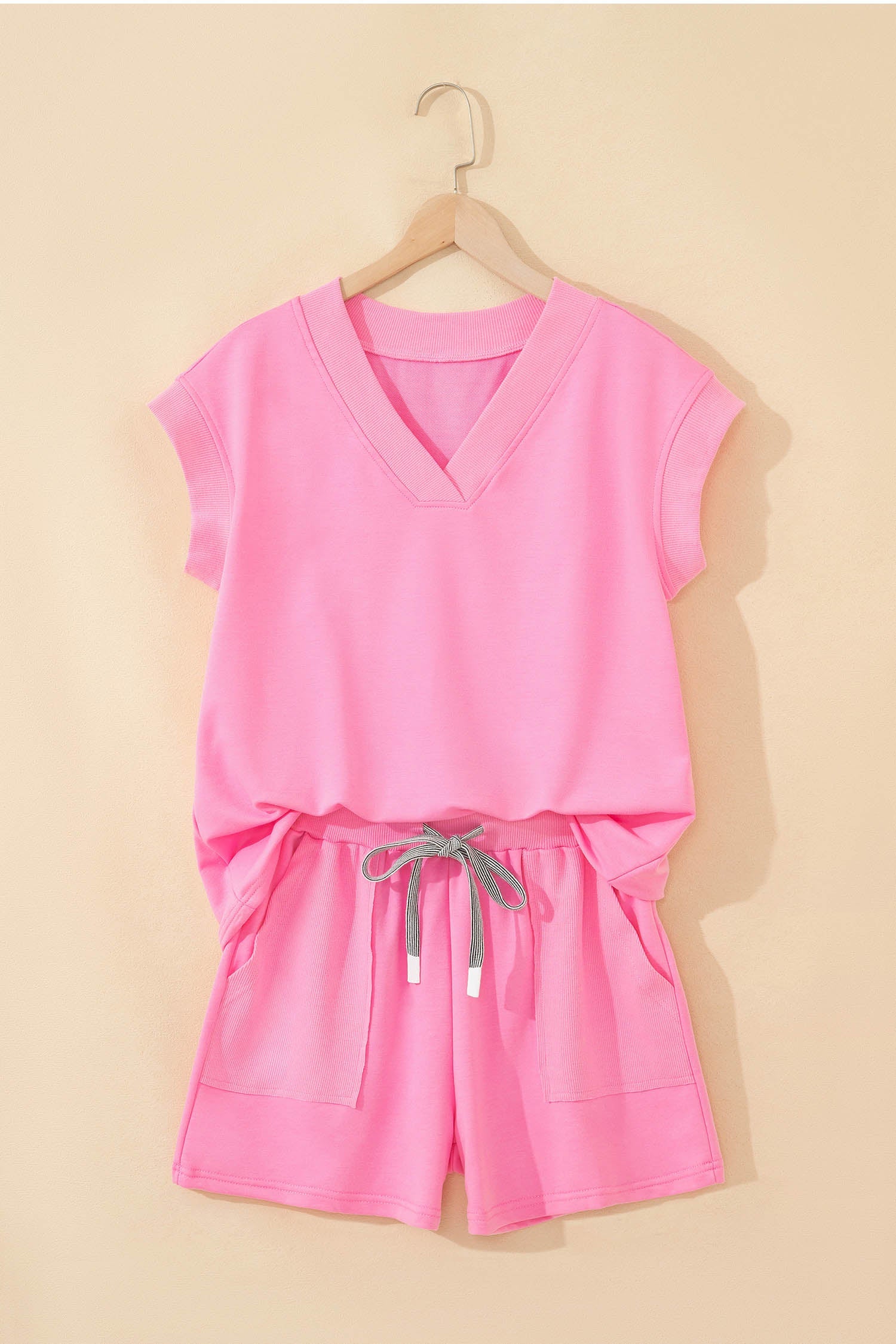 Solid V-Neck Short Sleeve Top & Drawstring Shorts Set