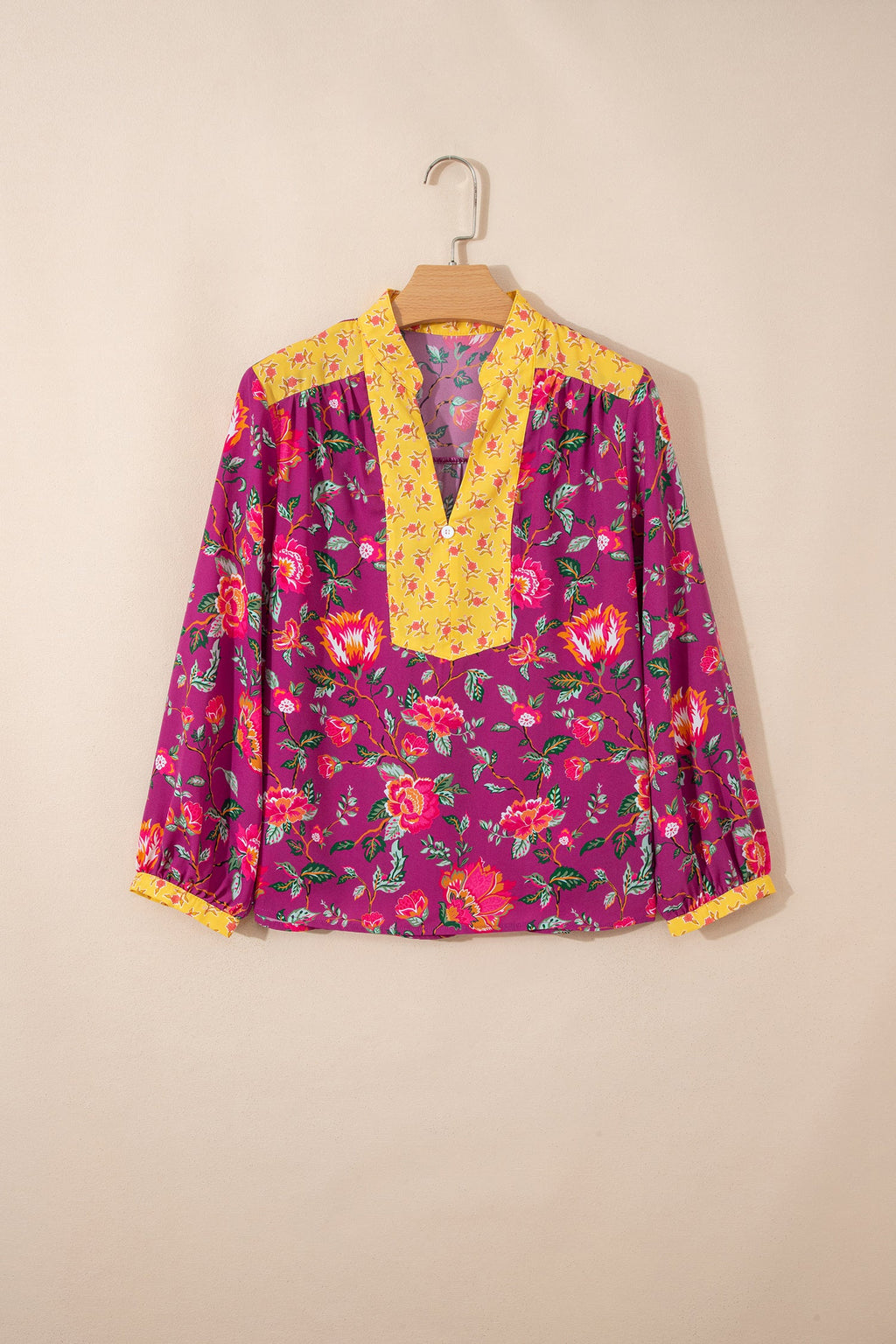 Floral Patchwork Split V-Neck Blouse