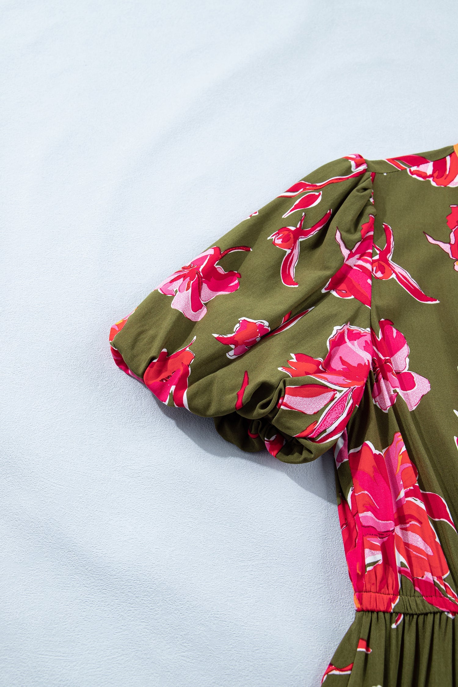 Floral Stripe Trim Short Puff Sleeve Maxi Dress