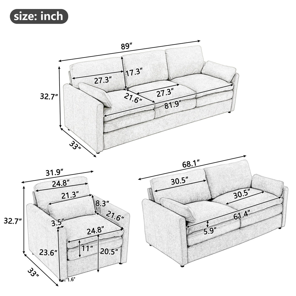 Cozy Upholstered Sofa Set with Double Cushion Design, Light Grey Chenille Fabric, Modern Living Room Couch
