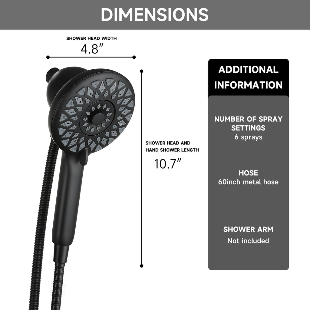 High Pressure Shower Heads 6 Spray Mode Handheld Shower With 60" Stainless Steel Hose - Matte Black