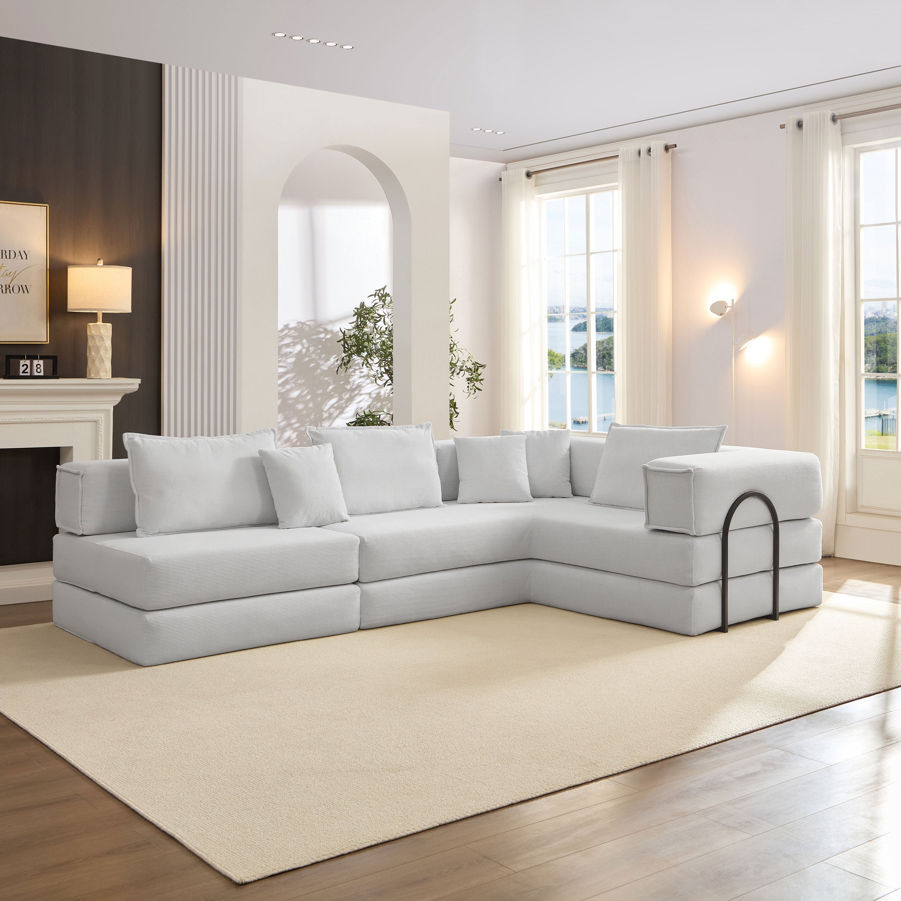 Oversized Upholstered Sectional Sofa Couch Set, Modular 118.2 ' L Shaped Floor Living Room Sofa Set With 6 Pillows, DIY Combination Sofa Couch for living rooms, apartments,bedrooms, White
